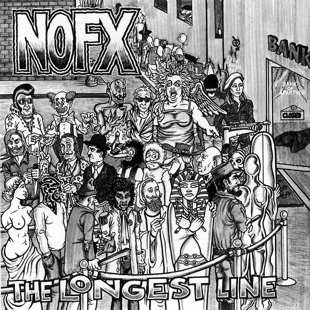 Black and white cartoon illustration of a long, diverse crowd in line outside a bank, with NOFX and The Longest Line EP prominently displayed above and below the scene.