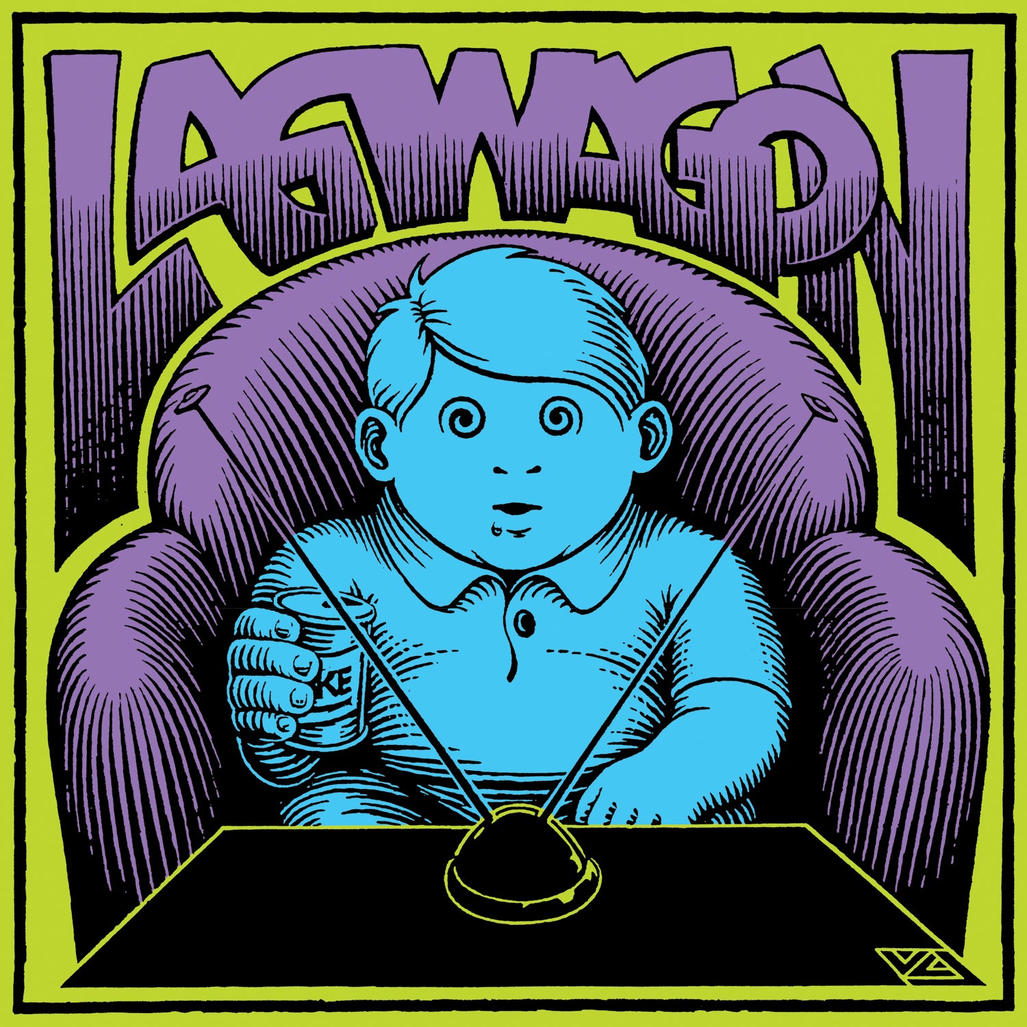 A blue cartoon boy with a drink sits in a purple armchair, gazing at the TV while Lagwagon glows above—a lime green backdrop highlights this tribute to the Section 8 Demo and Black Vinyl 2xLP from Lagwagon.