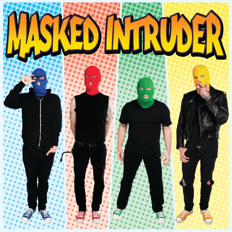 Four people in colorful ski masks and casual clothes stand before comic-style backgrounds. The bold Masked Intruder logo tops the image, showcasing the bands debut full-length CD.
