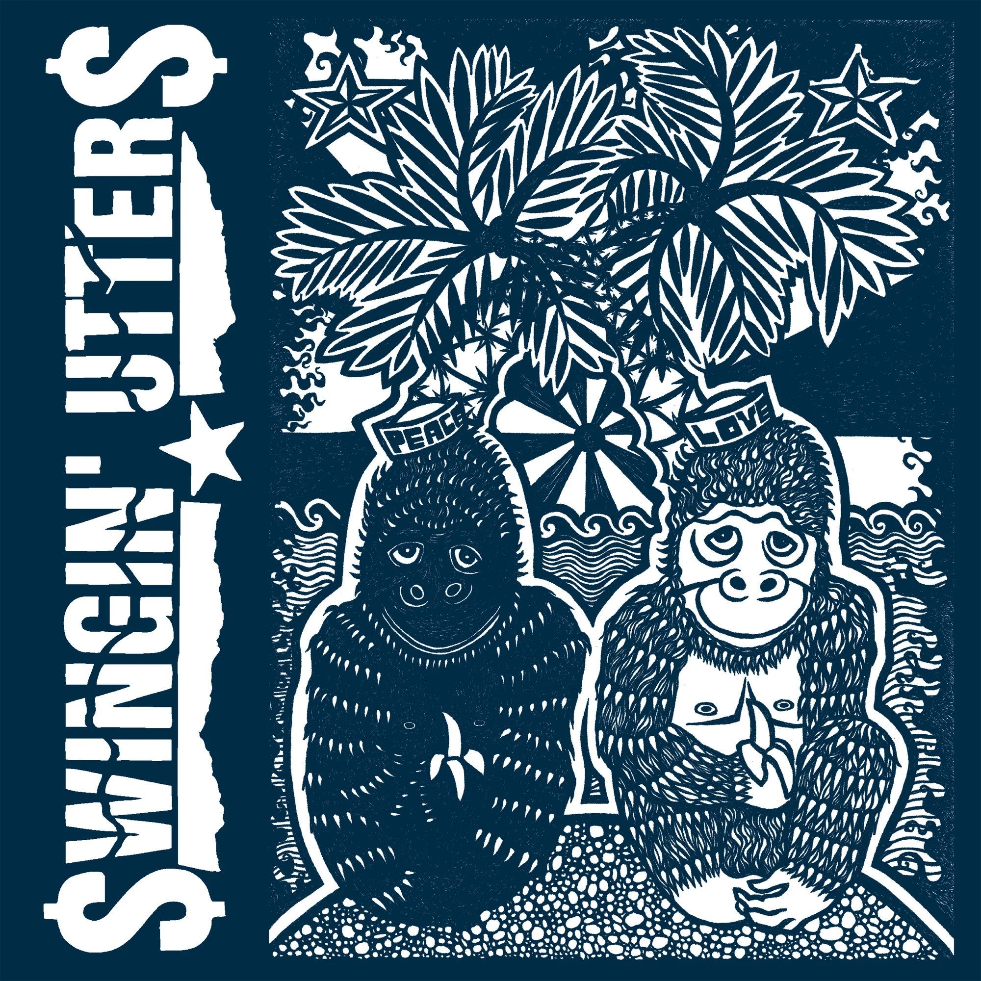 Illustration for Swingin Utters: two gorillas under palm trees labeled PEACE and LOVE, sitting on patterned ground beneath a starry sky—a street-punk vibe ideal for black vinyl LP covers.