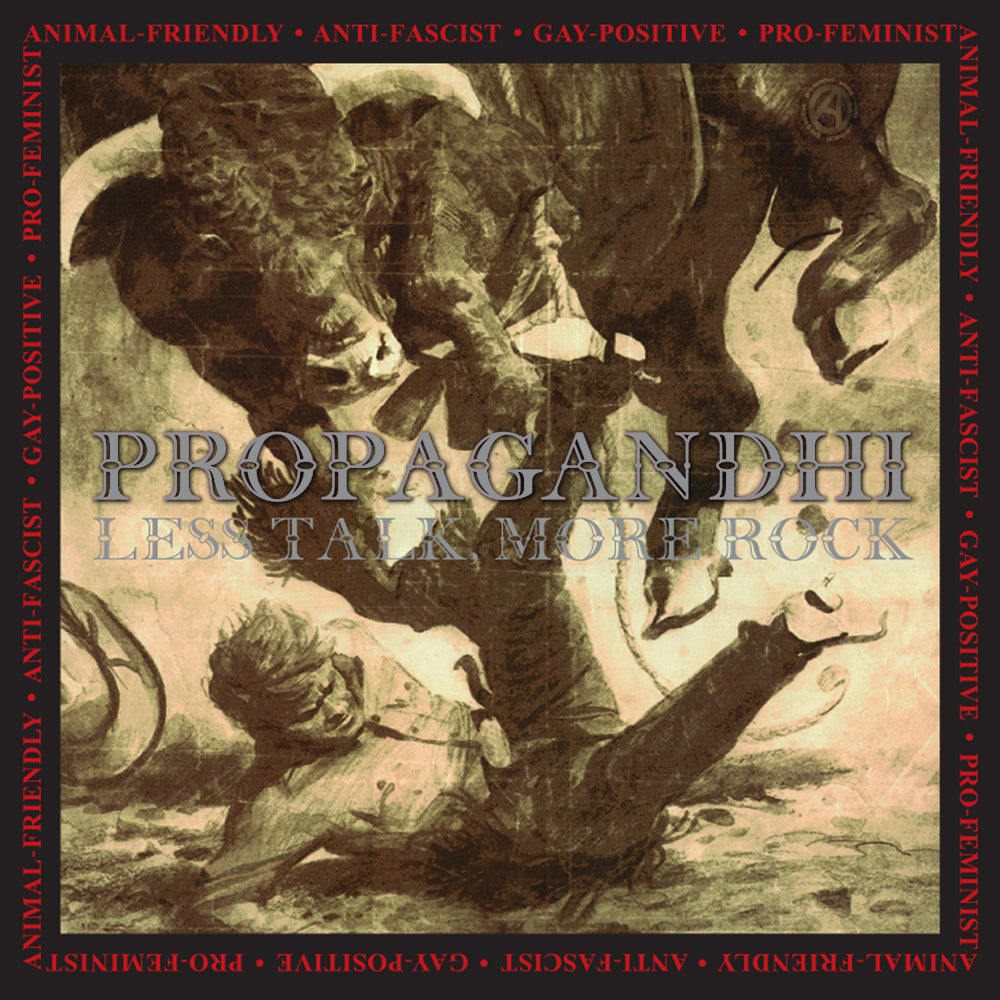 Propagandhi’s Less Talk More Rock album cover features a chaotic sepia-toned scene, bold red text, and a black border—an ideal choice for fans adding the Black Vinyl LP to their collection.