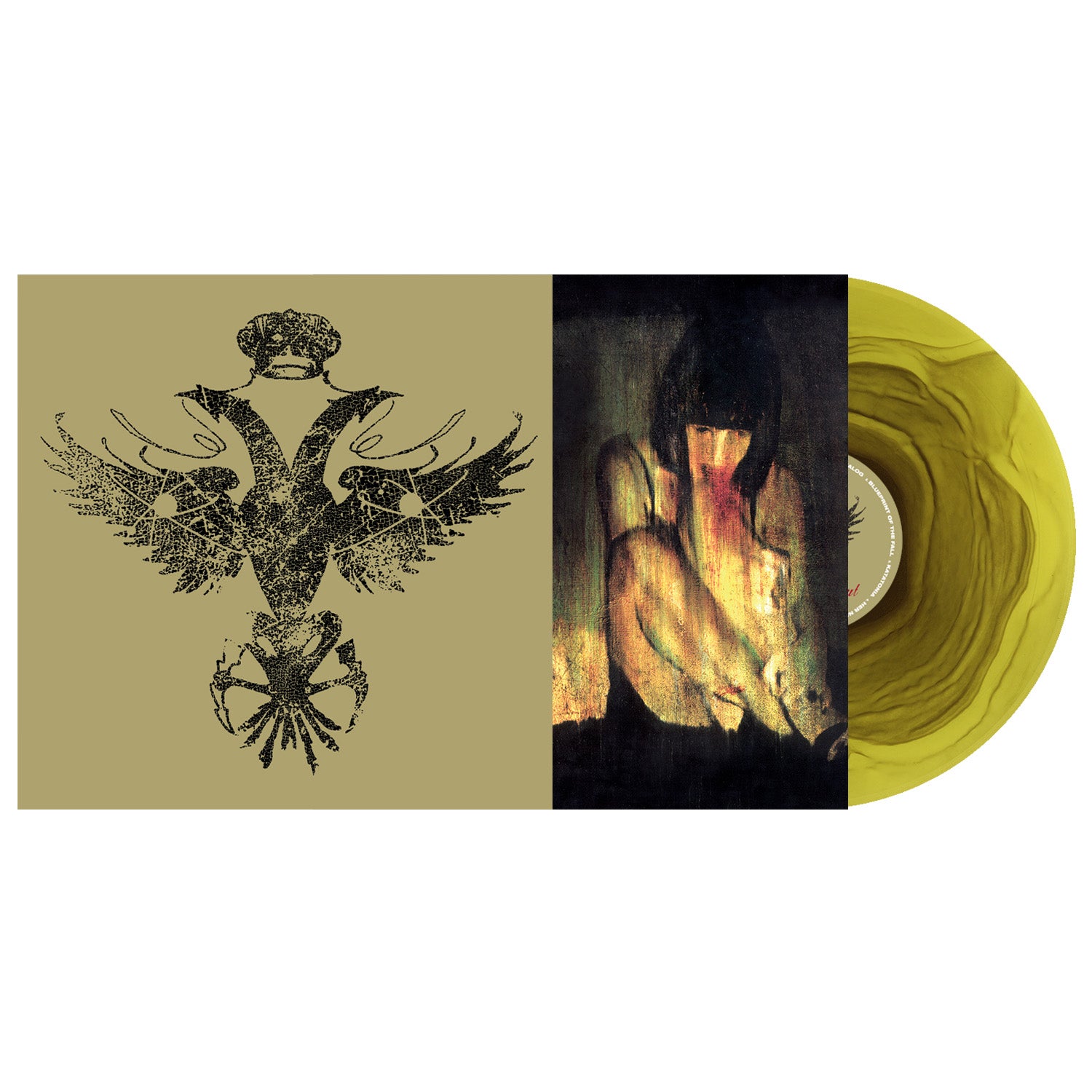 A yellow ripple vinyl record by Strung Out is partially pulled from its sleeve. The Exile In Oblivion 20th Anniversary Edition sleeve features a black, abstract bird on one side and a moody painting of a crouched nude figure on the other.