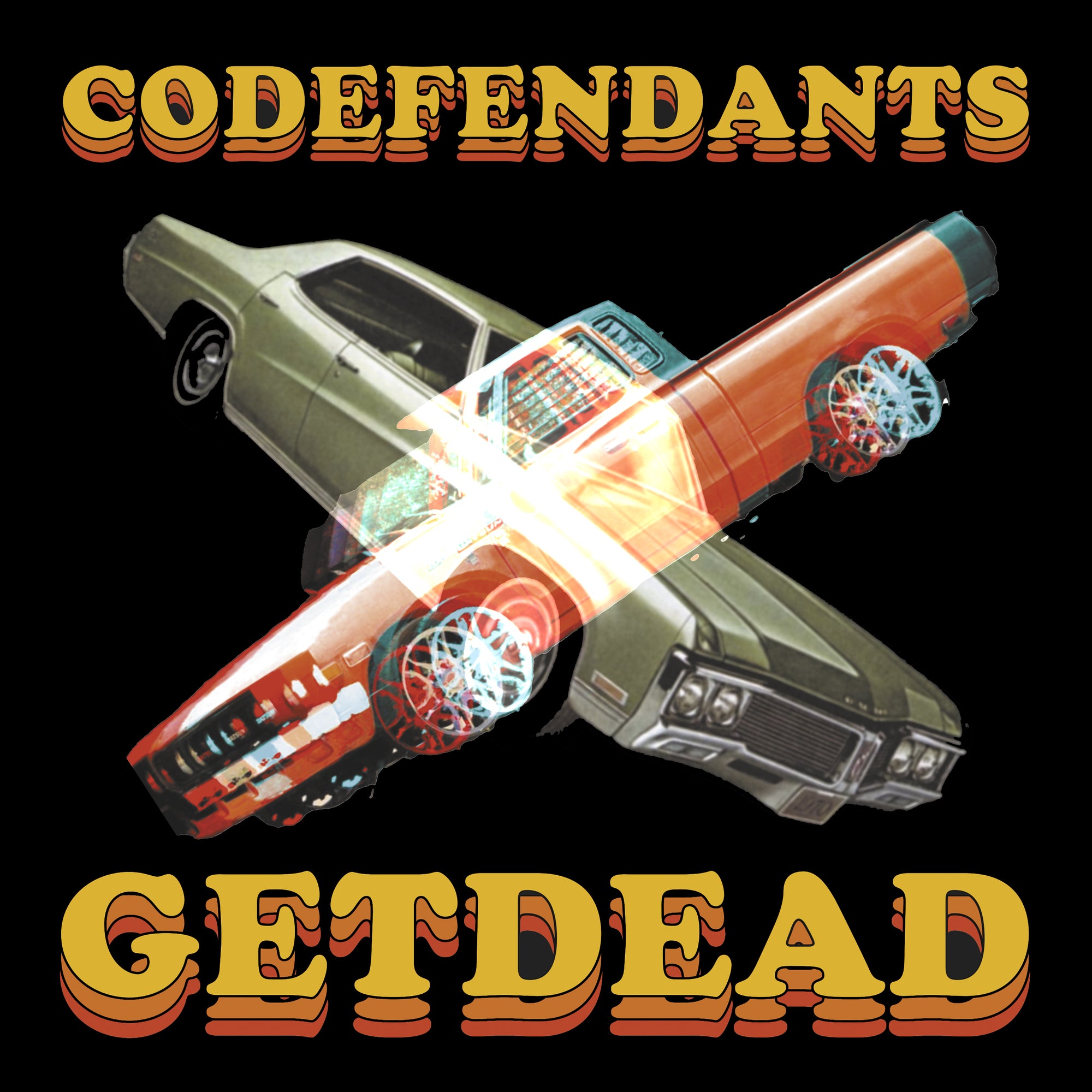 A green vintage car and a graffiti spray can intersect in an X on black, with “CODEFENDANTS” and “GET DEAD” in bold yellow letters—artwork from the Black Vinyl 10 by Get Dead.