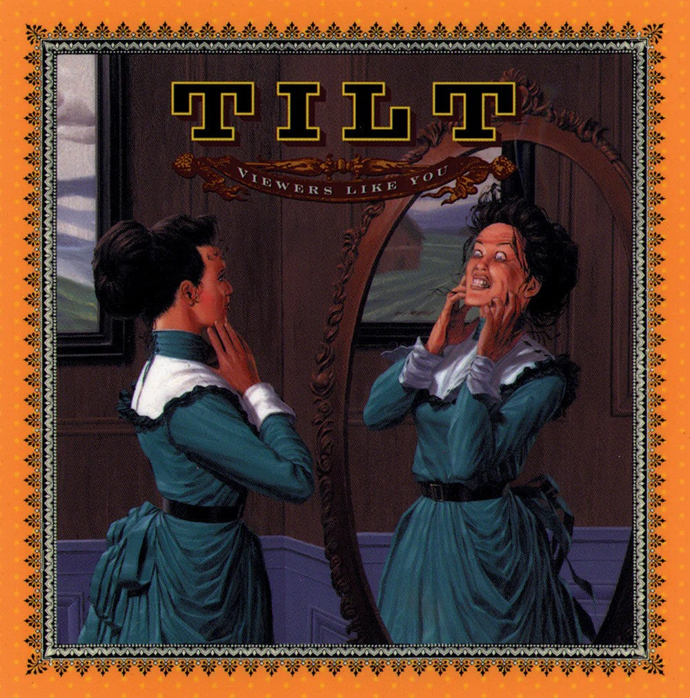 A woman in Victorian clothing gazes calmly in a mirror while her reflection pulls her face into a wild grimace; an orange border surrounds the image. The text reads “Tilt”—the brand name—and “Viewers Like You.”.