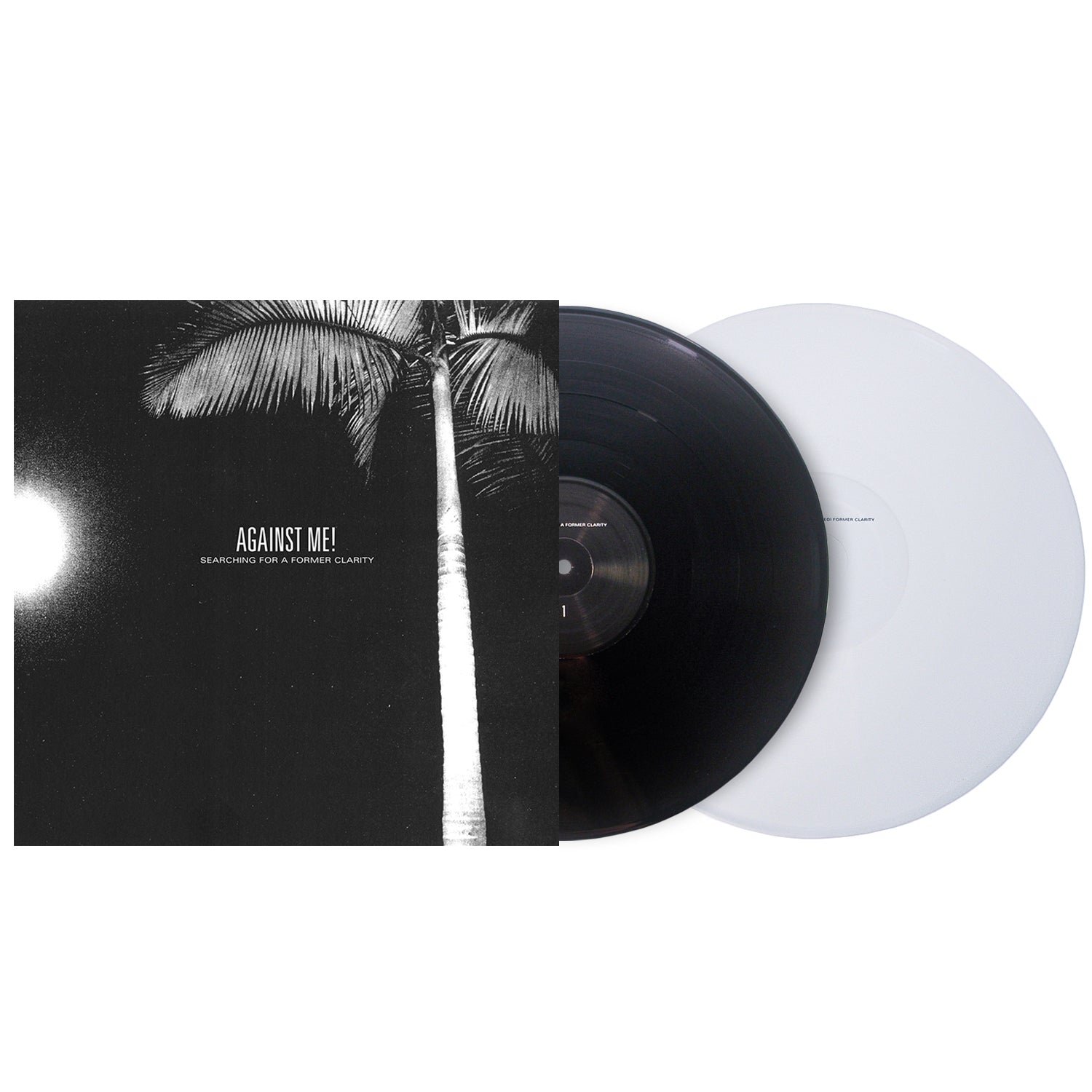 A punk rock vinyl set by Against Me! featuring a black and white cover with a tall palm tree at night, includes one black and one white vinyl record of Searching for a Former Clarity.