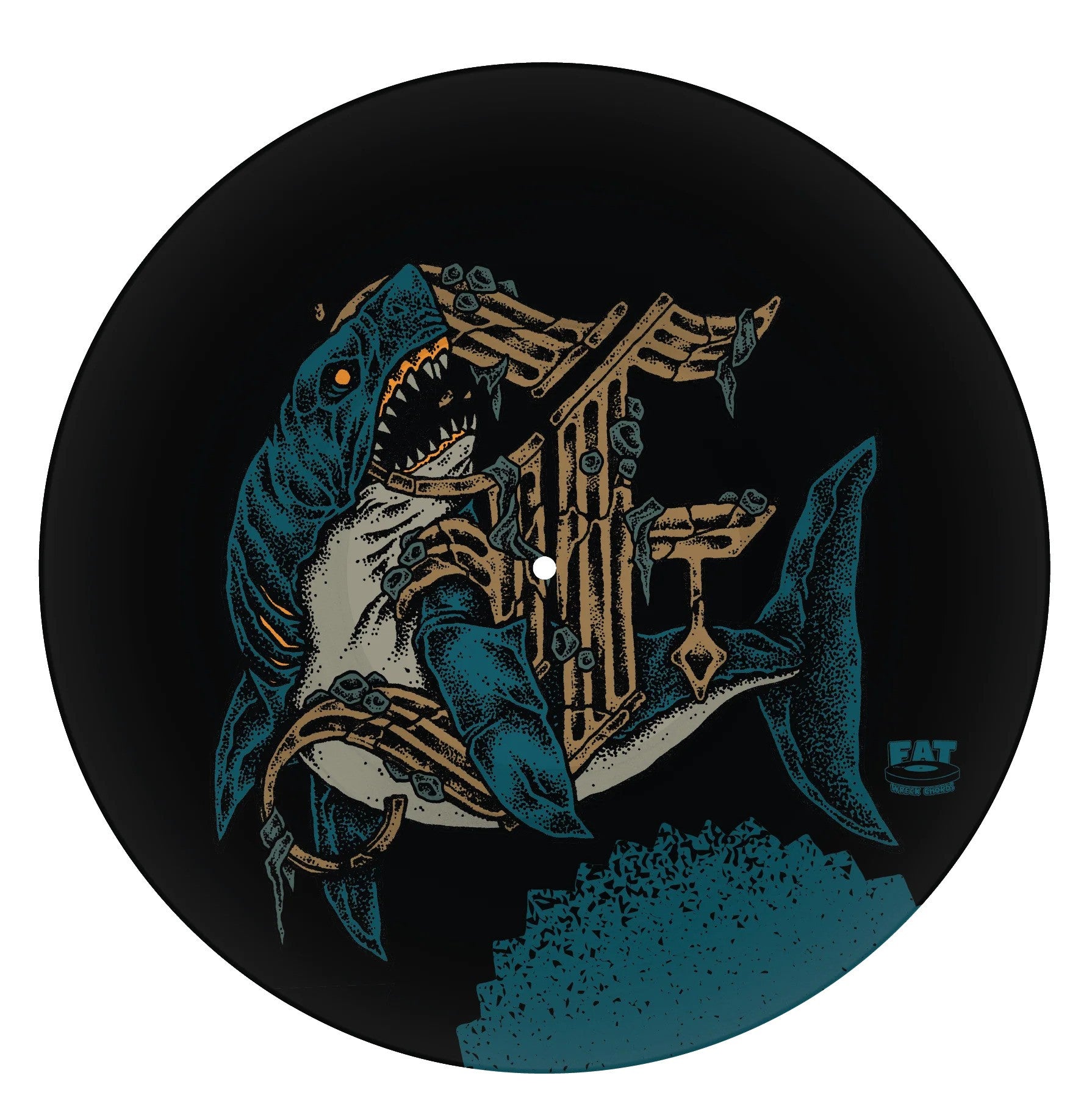A fierce shark with exposed teeth bites through a wooden letter F on a black circular background, referencing FAT449. This limited 12 picture disc by The Flatliners features the FAT logo in light blue at the lower right, nodding to Sistering.