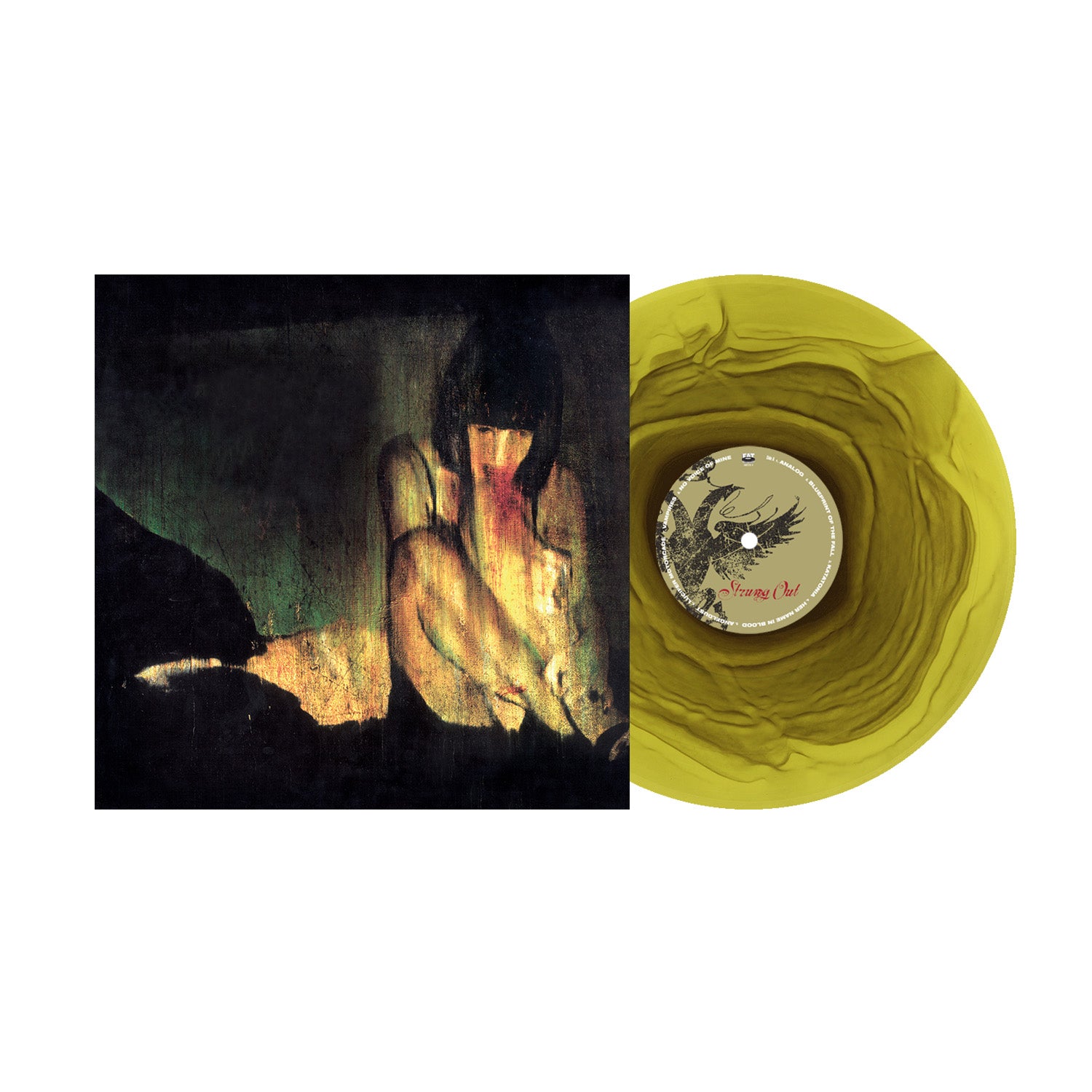 A Strung Out vinyl with a yellow ripple design is partly inside its cover, which shows dark, moody art of a seated nude figure with long hair, knees drawn up, and head bowed amid shadows.