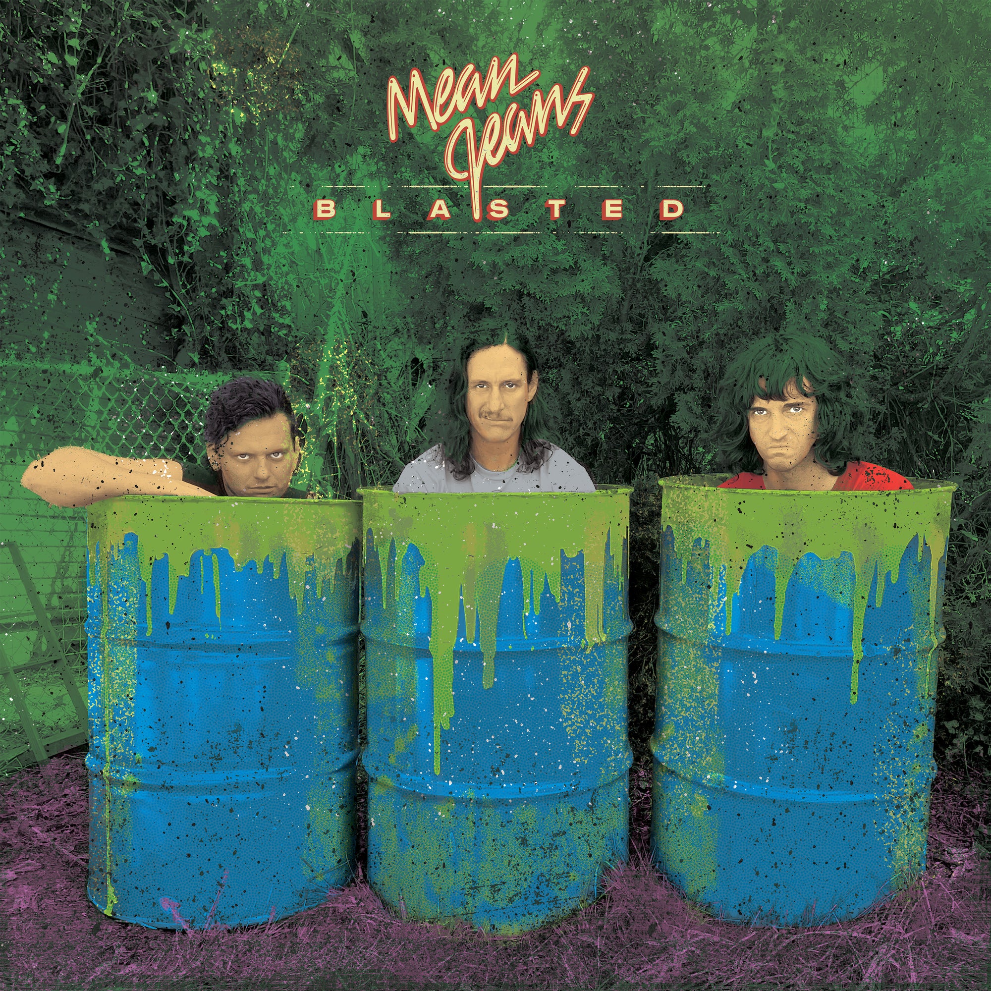 Three people stand inside blue barrels with green paint dripping down, set against dense foliage and neon Mean Jeans text—Blasted delivers perfect pop punk vibes and catchy songwriting from the latest album.