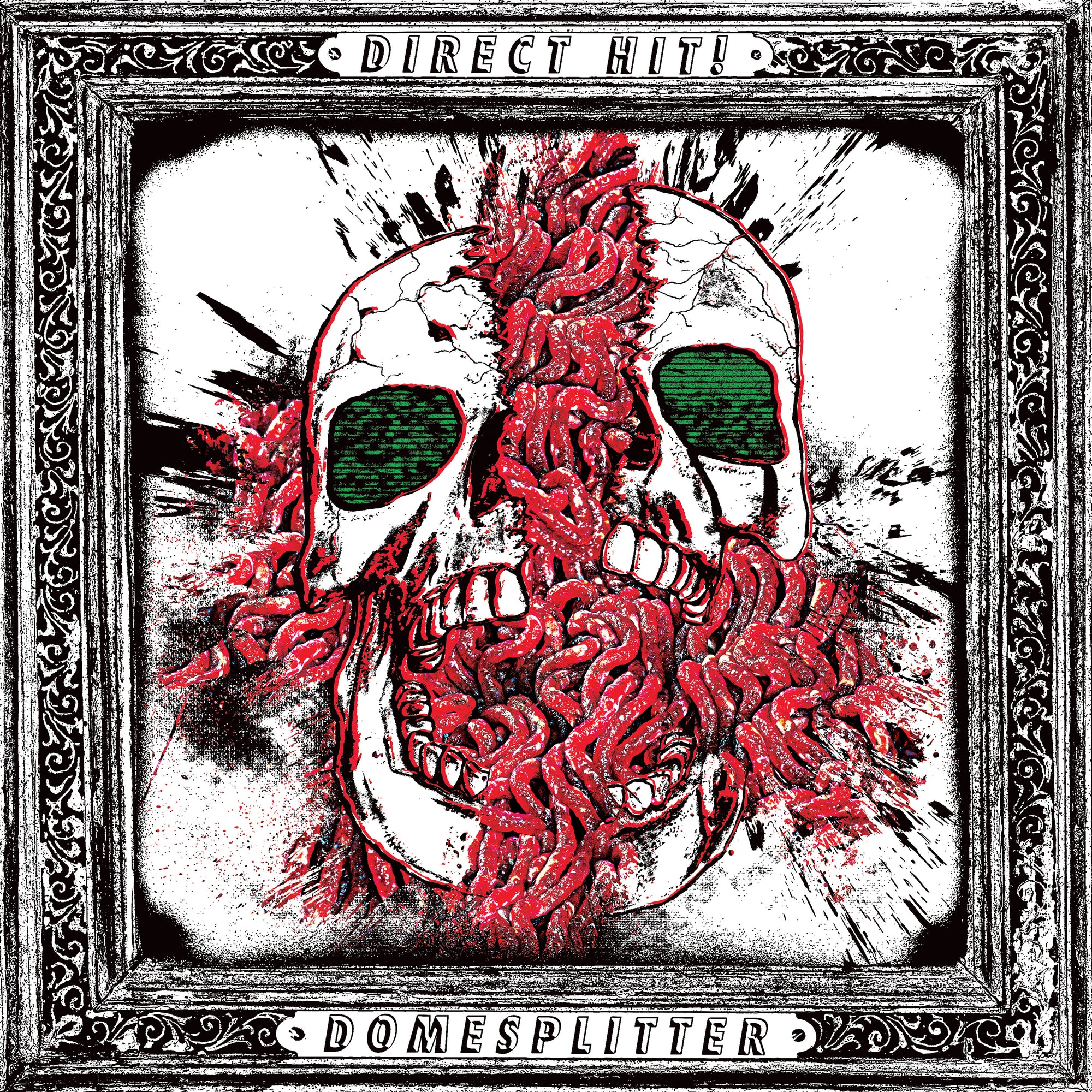 A striking graphic of a split skull with red entrails and green static eyes, framed in ornate black, adorns this captivating Black Vinyl LP: Domesplitter by Direct Hit!.