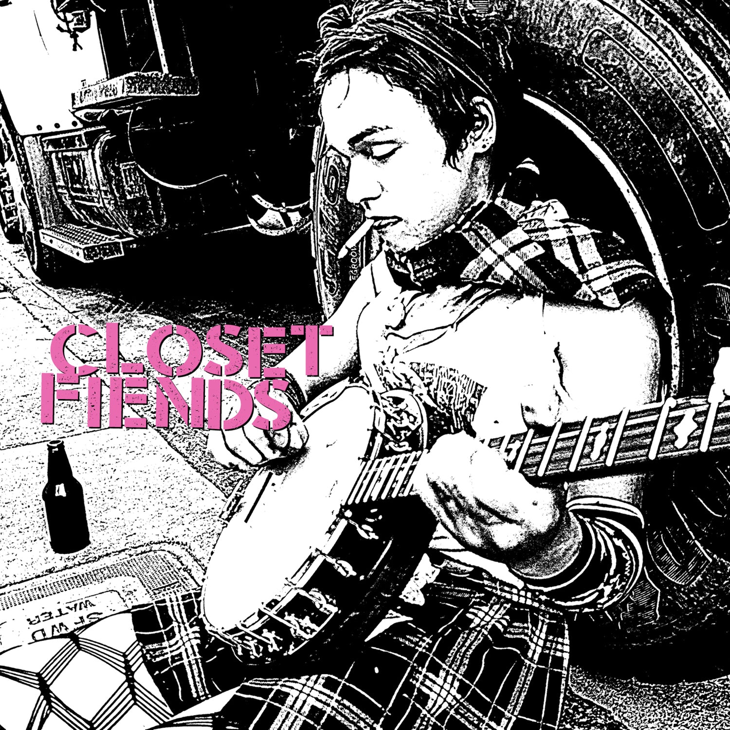 A person sits on a sidewalk by a large tire, playing banjo and smoking, with a bottle nearby. The high-contrast black-and-white image features pink text reading CLOSET FIEND—art for their debut album FAT292.