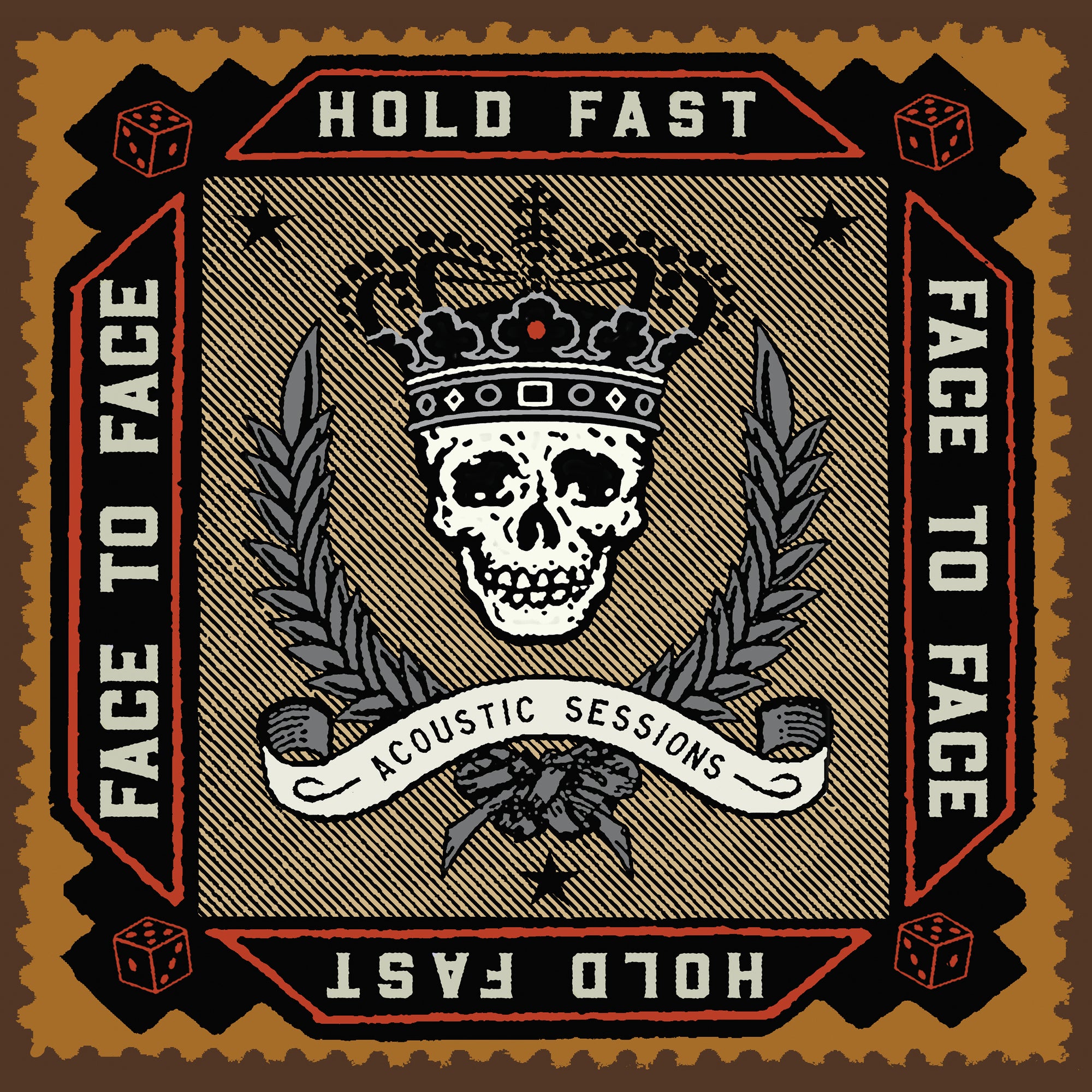 A vintage stamp design for Face To Face features a crowned skull, laurel branches, dice in the corners, and a banner reading “Acoustic Sessions,” with bold tones evoking the band’s energy—“Face To Face” circles like a classic black vinyl LP.