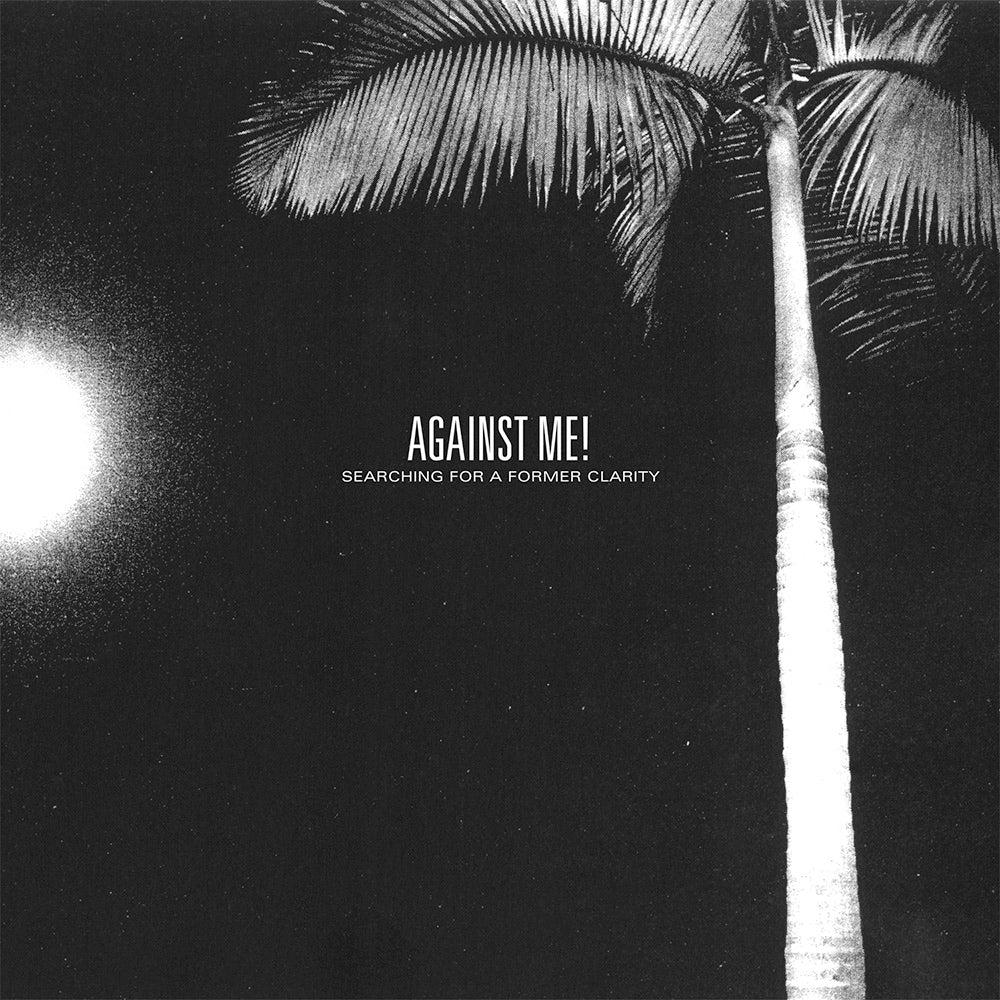 A tall palm tree glows under a dark sky with the moon on the left. Bold punk text centered reads: Against Me! Searching For A Former Clarity, channeling the raw energy of classic vinyl. Brand Name: Against Me!.