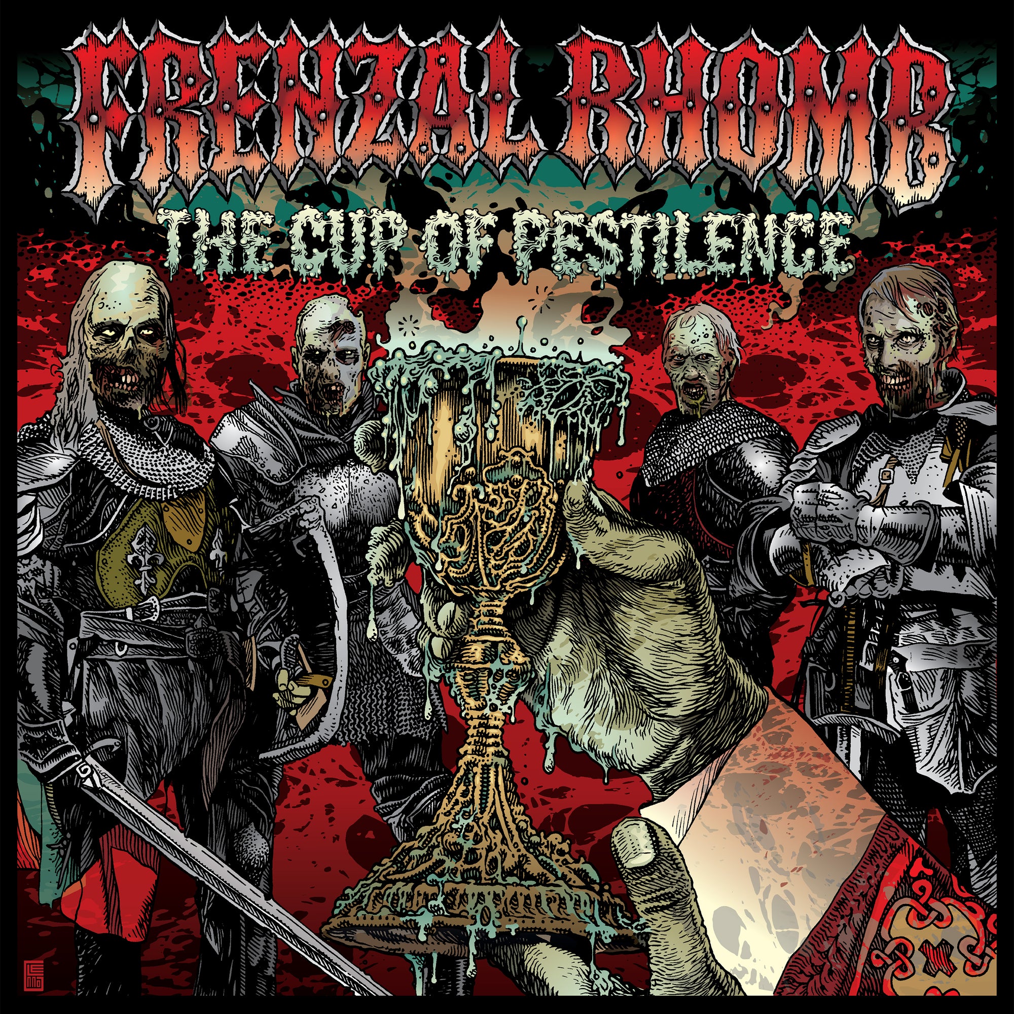 Frenzal Rhombs The Cup Of Pestilence Black Vinyl LP features an illustrated cover with four medieval, zombie-like knights behind a hand holding a golden, steaming goblet and bold stylized text.