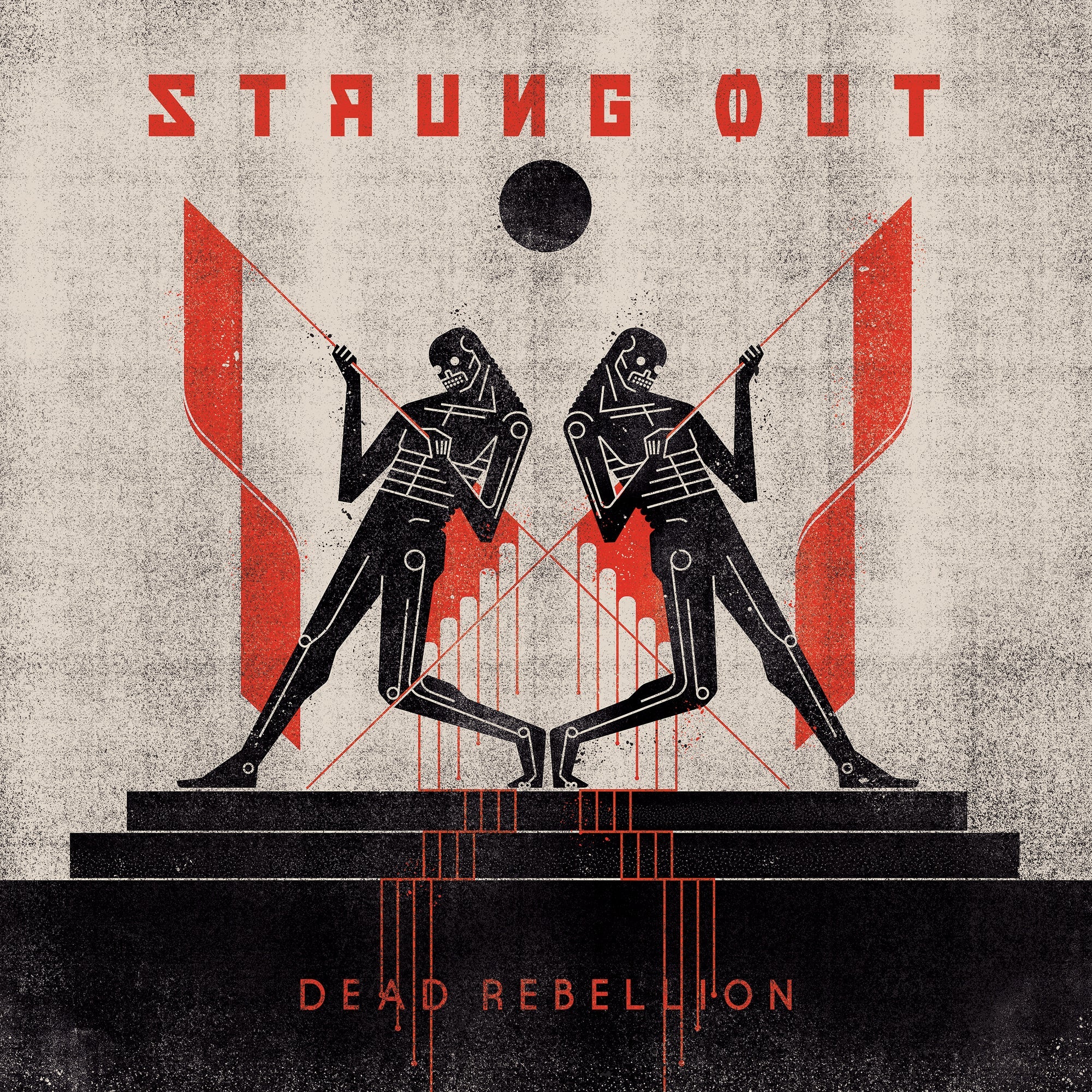 Strung Out Dead Rebellion album cover: two mirrored robotic figures with red rods stand back-to-back on a platform, set against geometric red and black shapes with distressed textures. Ideal for any black vinyl LP collection. Brand: Strung Out.