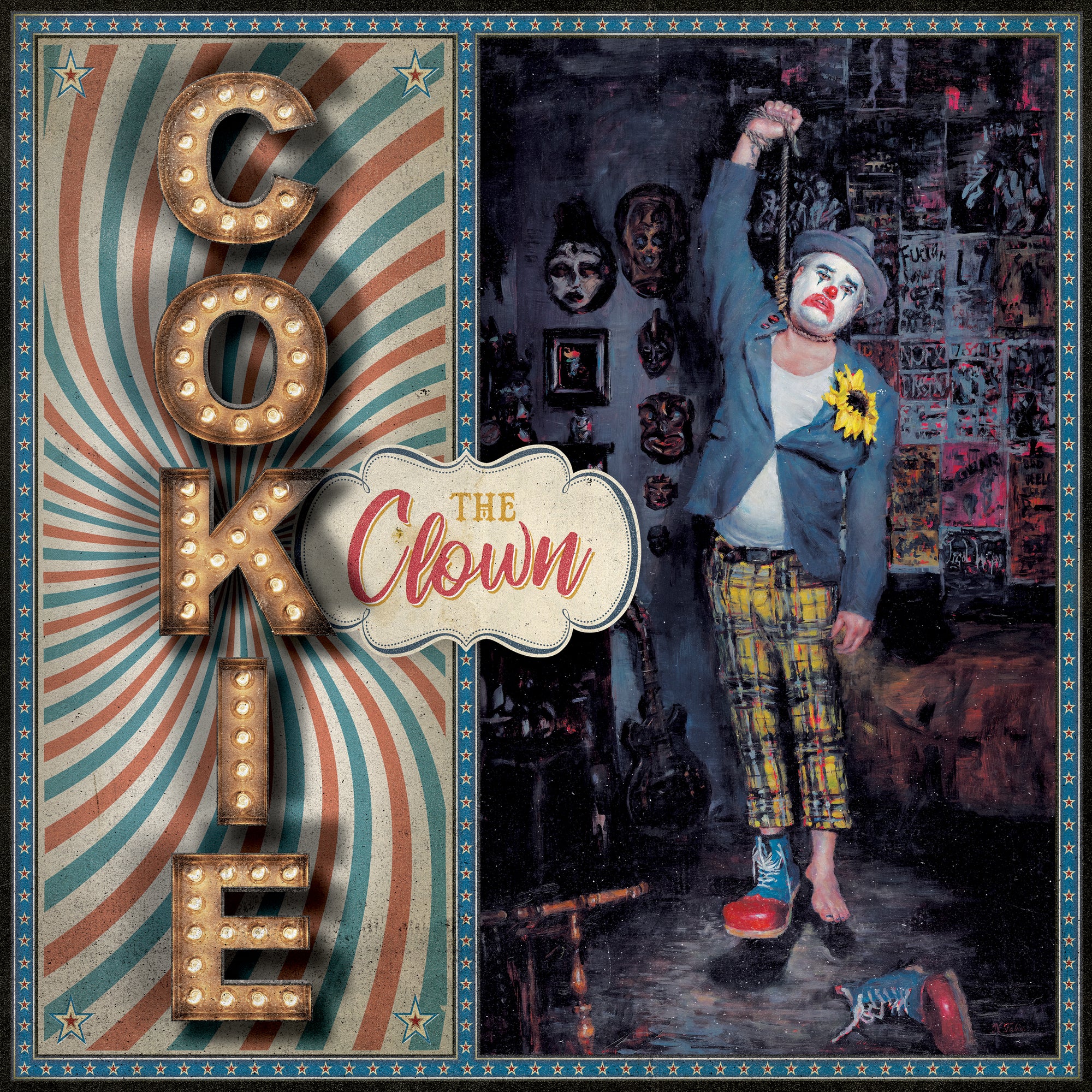 Cokie The Clown album cover features a sad, white-faced clown with a yellow flower hanging by one arm. “COKIE” appears in marquee lights on the left and “The Clown” is spelled out in vintage sign style. Brand: Cokie The Clown.