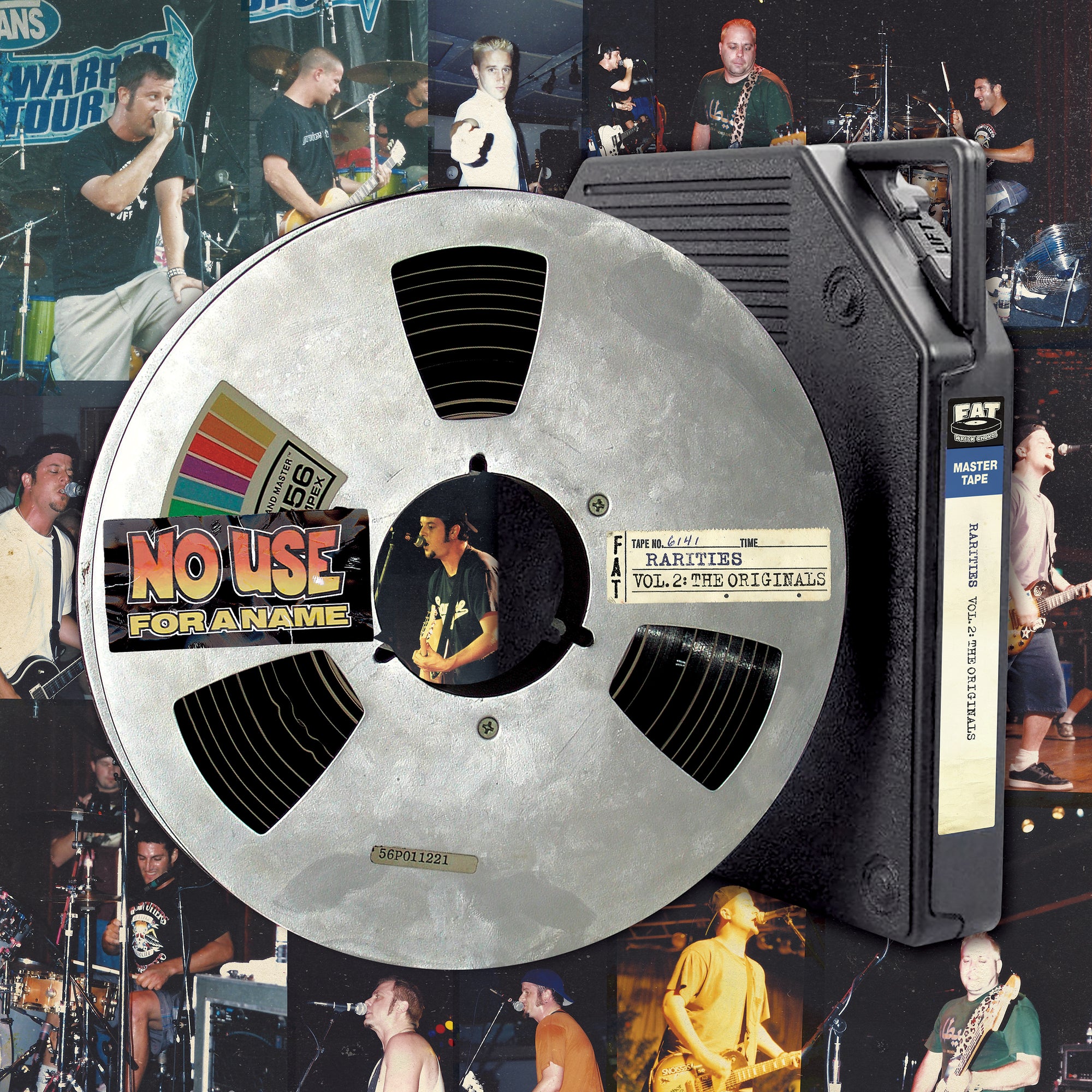 A collage of live band photos features a large reel-to-reel tape and labeled case. The tape reads No Use For A Name, capturing the feel of a black vinyl LP cover.