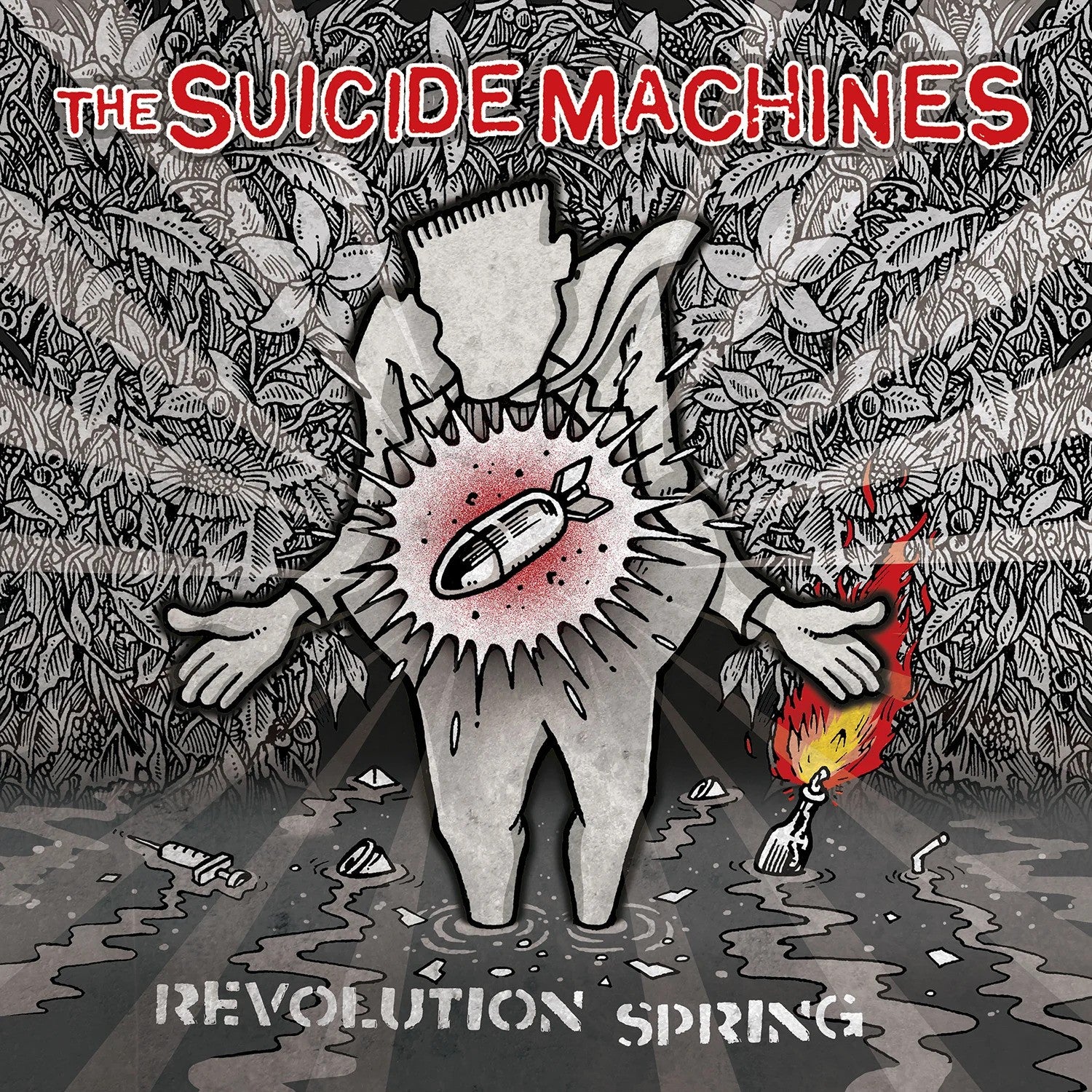 The Suicide Machines’ Revolution Spring album cover shows a silhouetted figure with an explosive chest and flaming flower, set against chaotic black-and-white patterns. Released on Fat Wreck Chords.