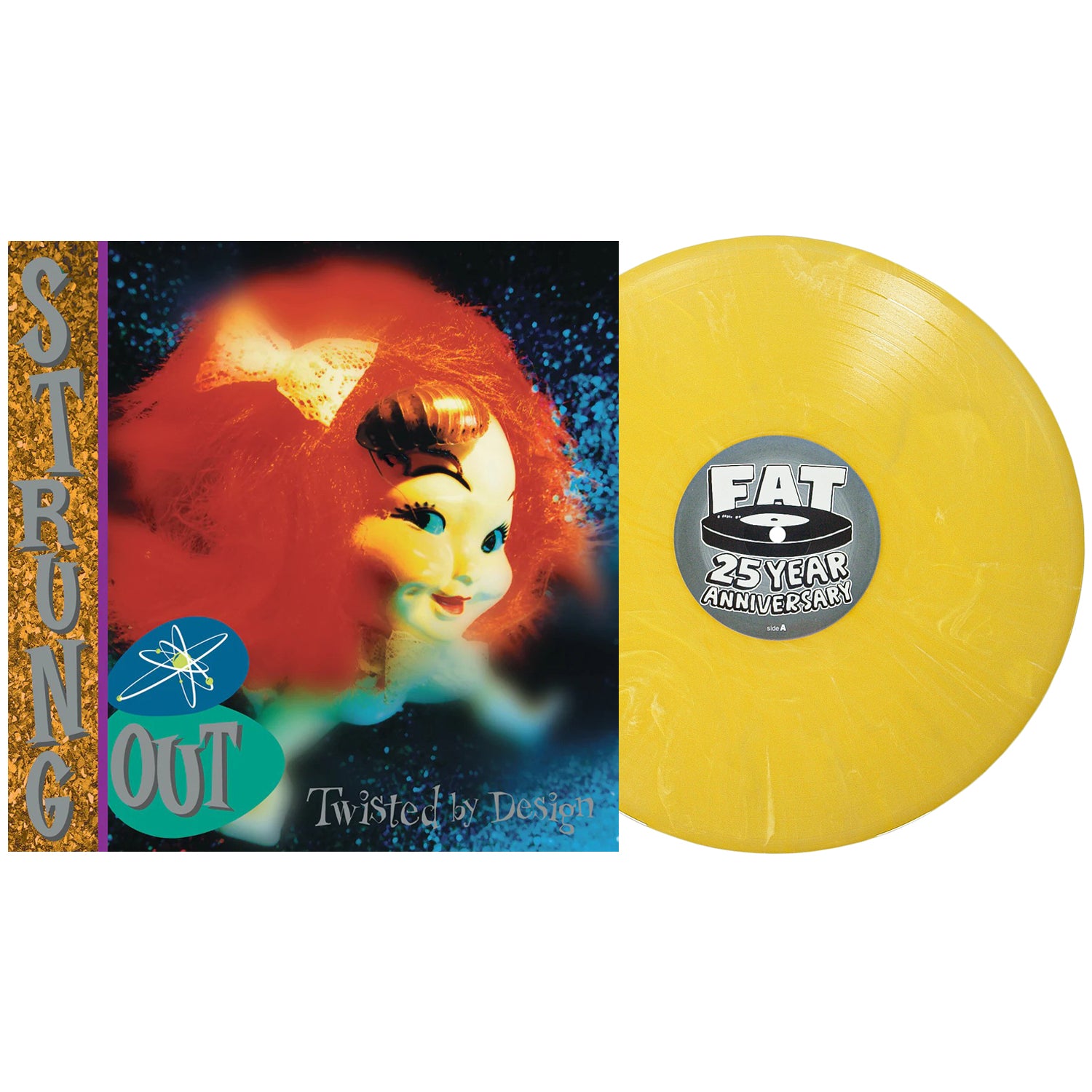 Twisted By Design album cover by Strung Out shows a dolls face with red hair and eerie light, beside a black vinyl record marked with the FAT 25 Year Anniversary label.