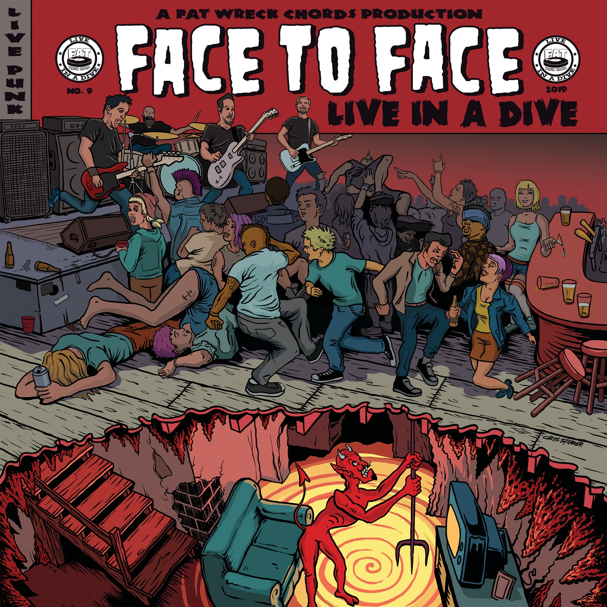 Cartoon of punk band Face To Face playing to a wild crowd at St. Vitus, NYC. Below, a devil lounges in a fiery pit with drinks, watching the show on TV. Text: Face To Face: Live in a Dive.