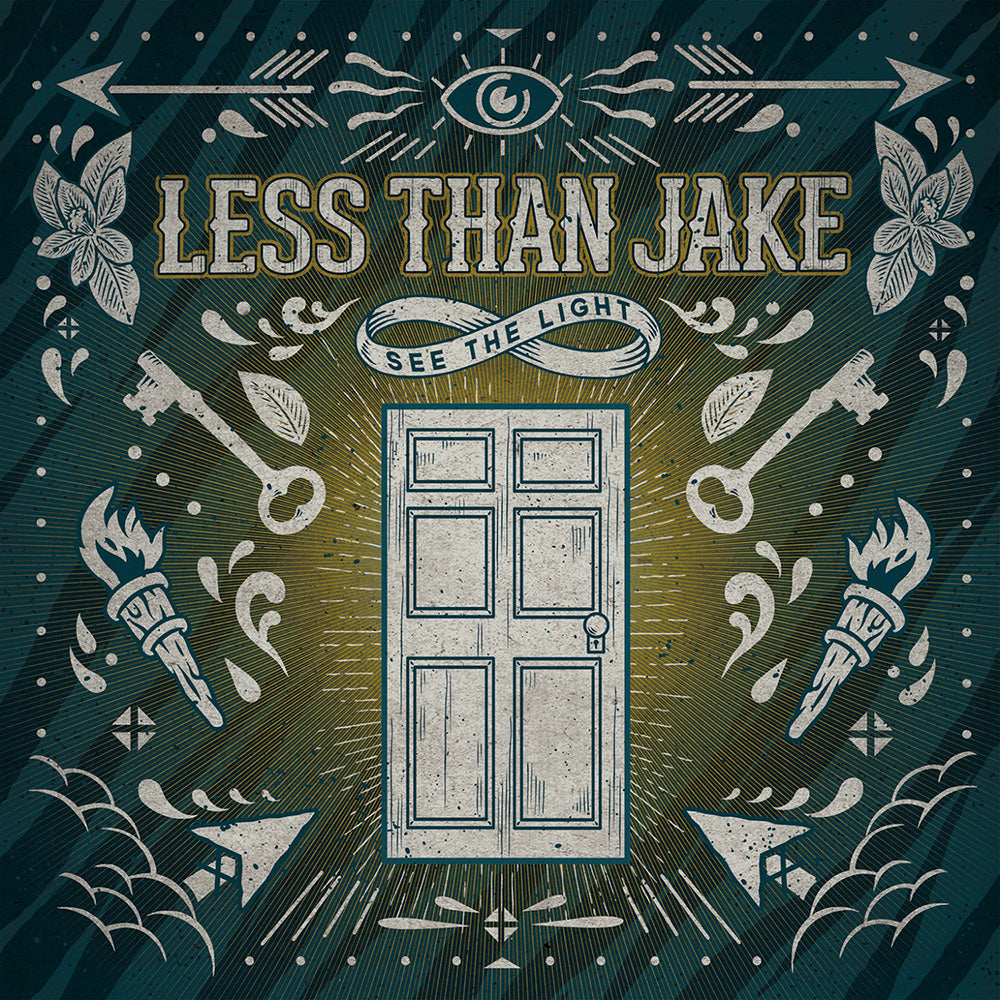 Less Than Jake’s “See the Light” album cover features a central door with glowing rays, ornate keys, torches, flowers, an eye symbol, waves, and decorative patterns set against a teal background.