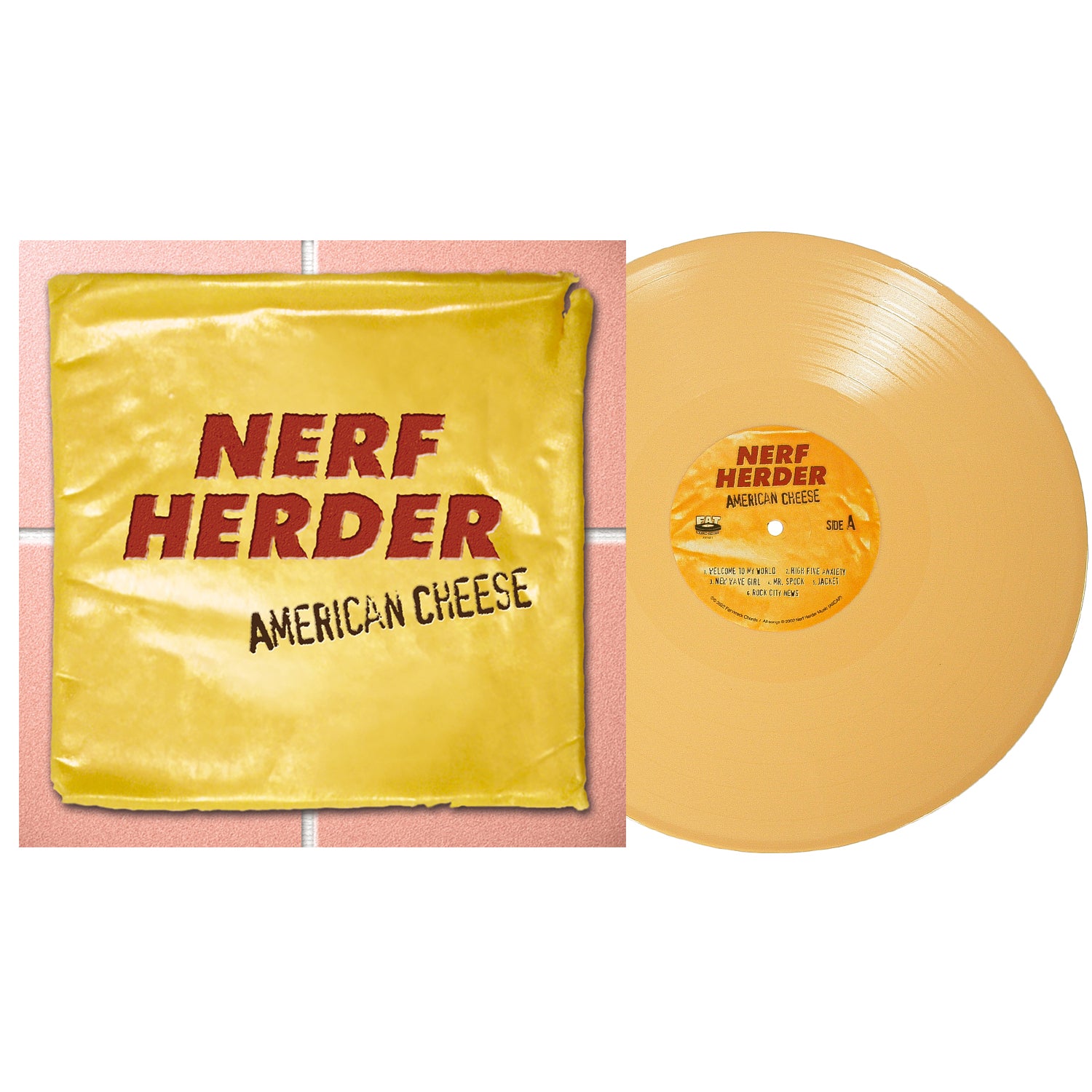 A yellow vinyl LP by Nerf Herder, with a cover resembling American cheese on pink tiles. The cover features Nerf Herder American Cheese in bold, red and black text—vinyl-only, 19 songs.
