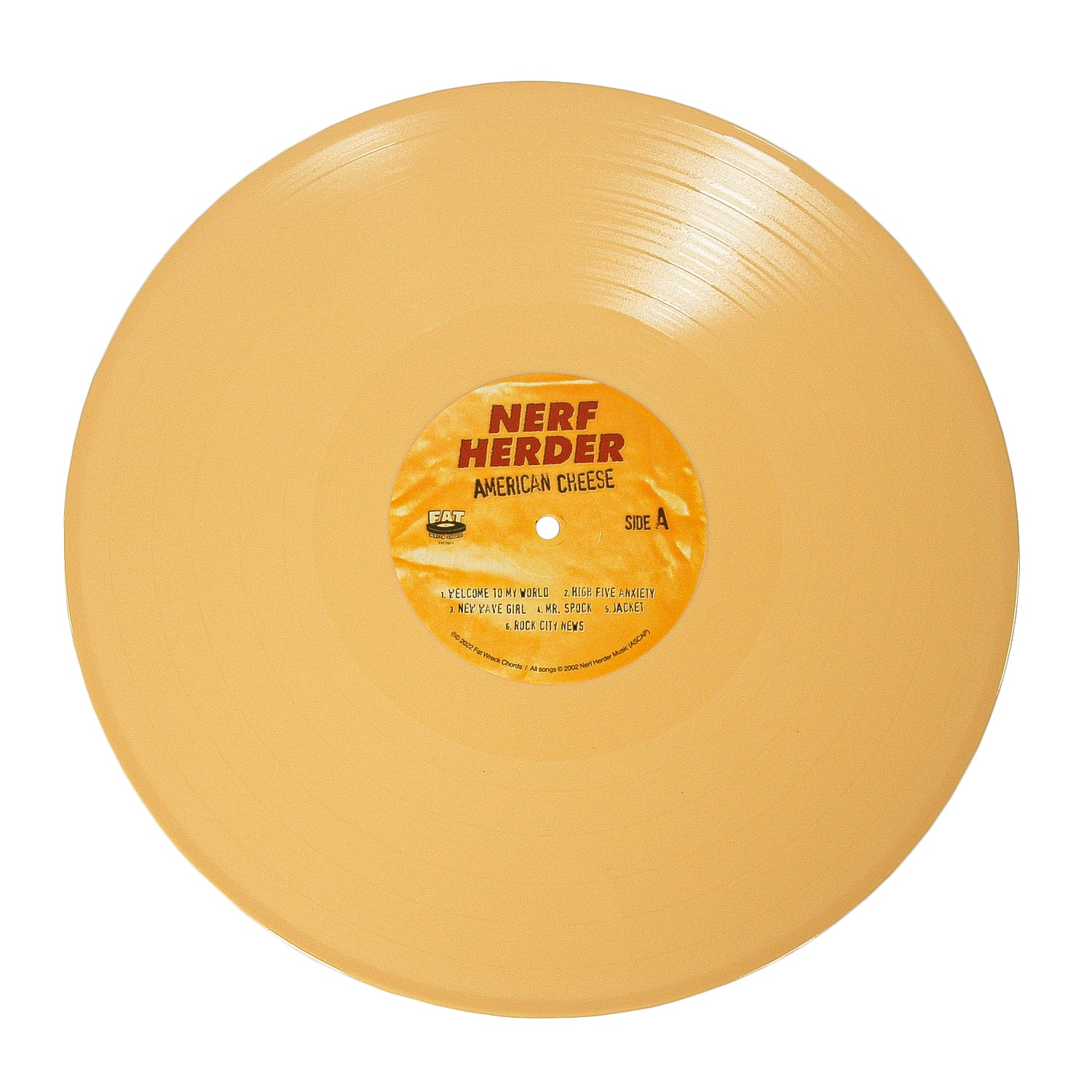 Nerf Herder—American Cheese: 19-song album on yellow vinyl resembling American cheese color, Side A features a round central label with logo and text. Vinyl-only release.