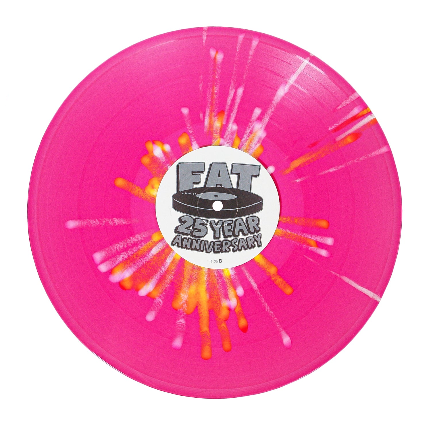 A vibrant pink Lagwagon colored vinyl LP with orange and white splatter, featuring a FAT 25 YEAR ANNIVERSARY label in bold letters and an illustrated vinyl, celebrating classics like Double Plaidinum.