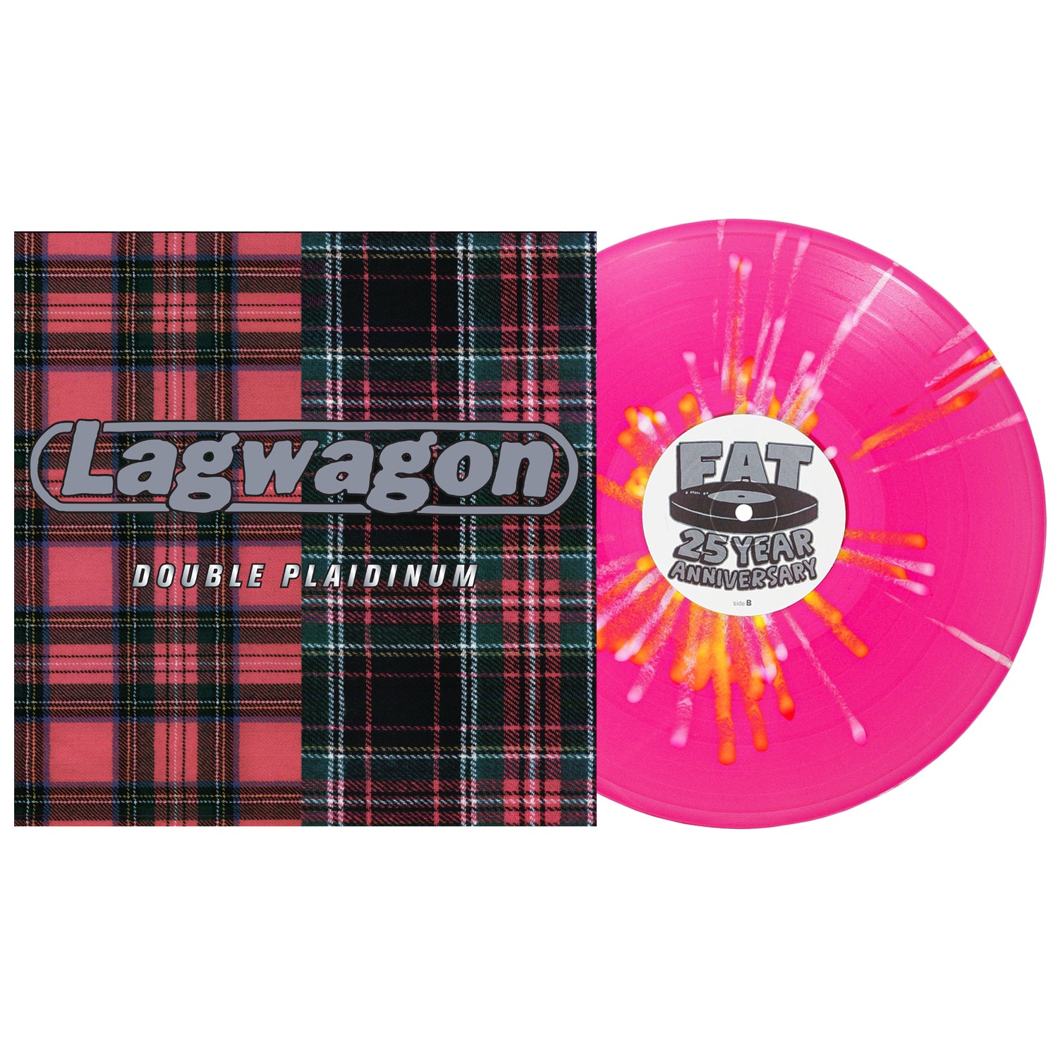 The Lagwagon Double Plaidinum album cover shows a red and black plaid beside a vibrant colored vinyl LP—pink with orange and white streaks—featuring the FAT 25 Year Anniversary label.