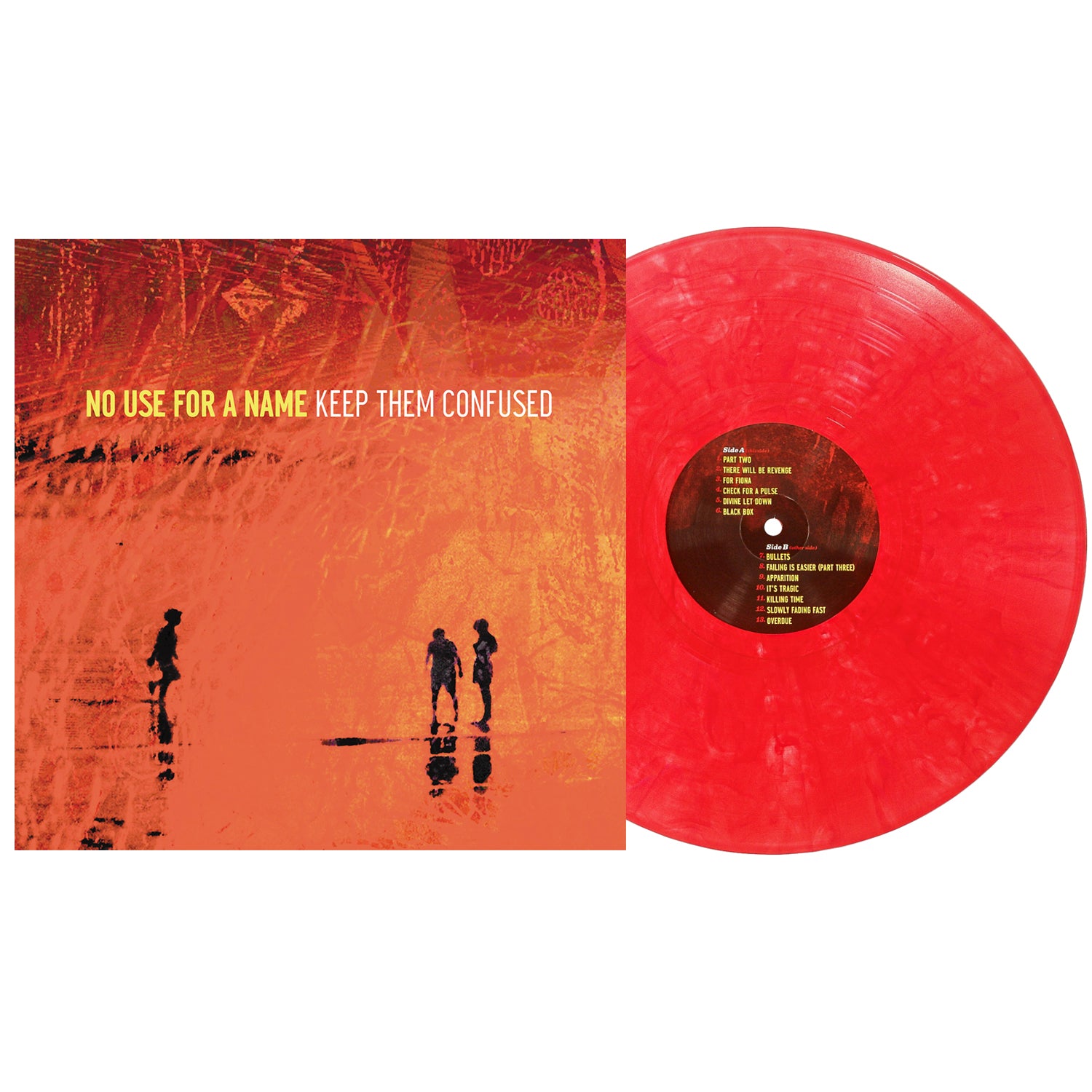 A red vinyl record beside its cover, which has a textured orange-red background with three silhouettes and the text No Use For A Name Keep Them Confused in yellow and white. Brand: No Use For A Name.