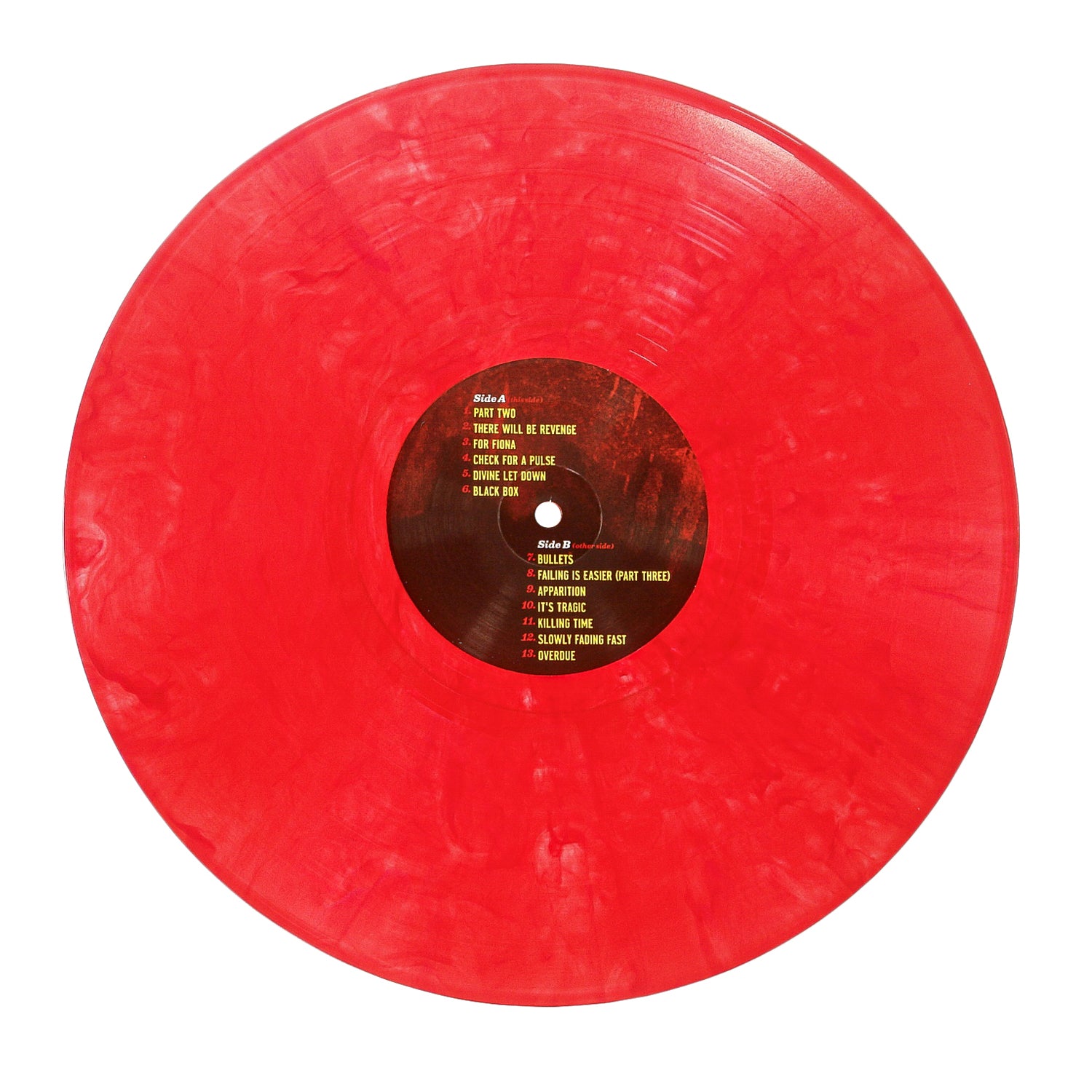 A red marbled vinyl record from No Use For A Name with a black center label listing song titles in yellow text is displayed on a white background.