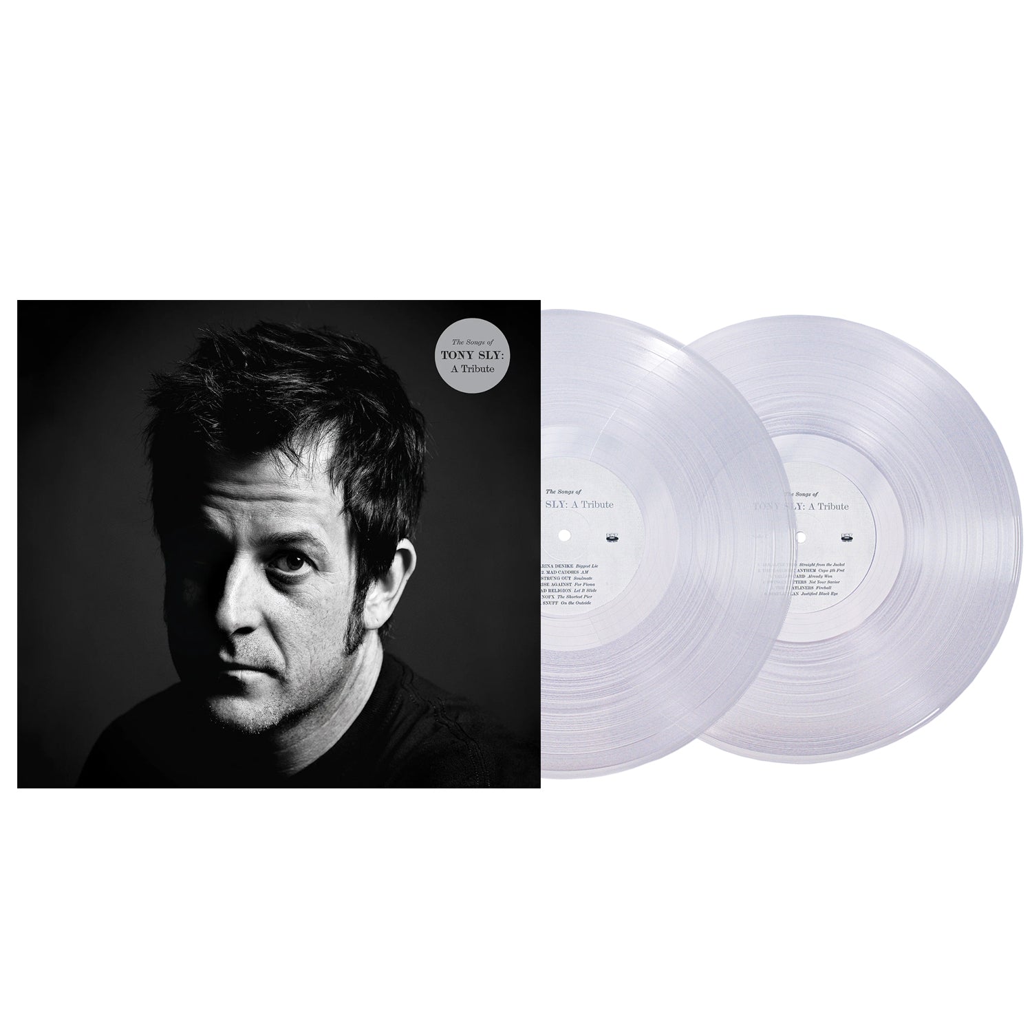 A black-and-white album cover displays a mans portrait beside a 2xLP vinyl set with white center labels—a striking Tony Sly tribute from Fat Wreck Chords.