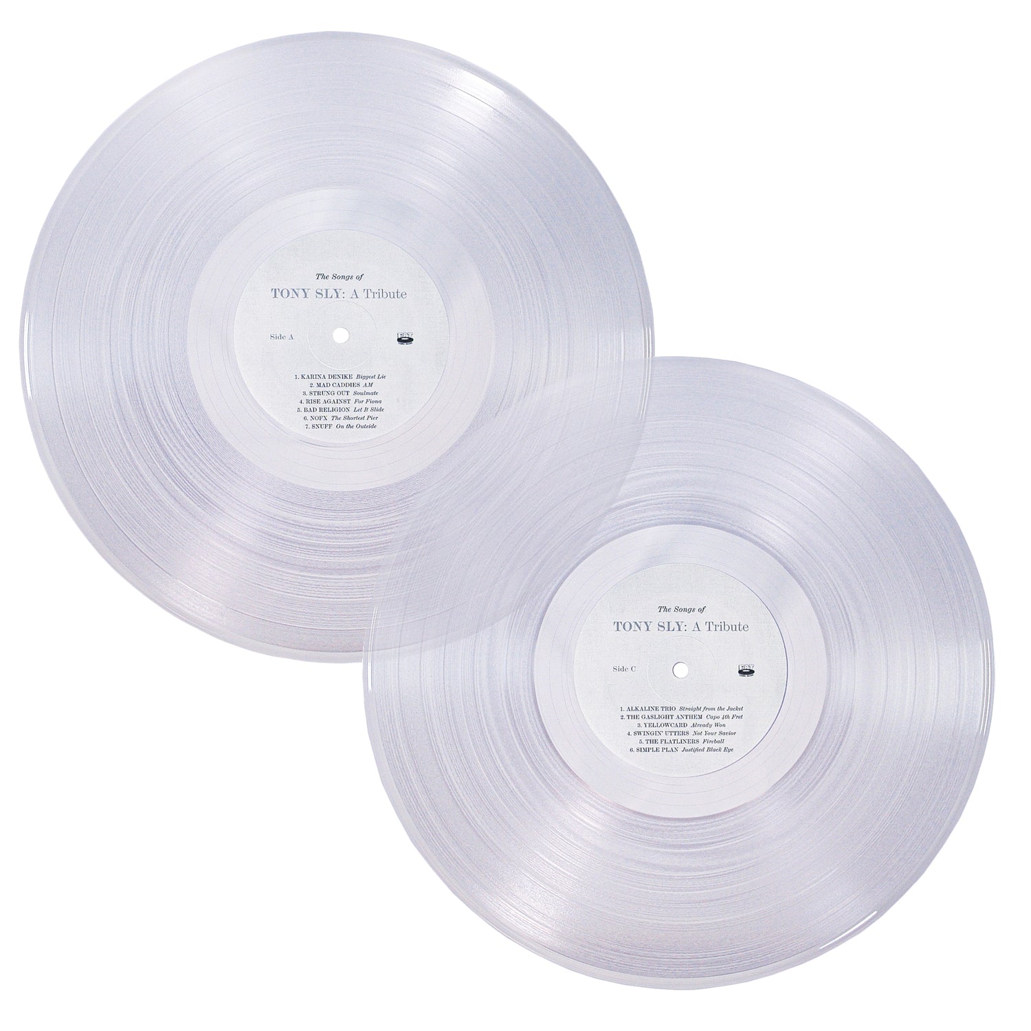 Two transparent vinyl 2xLP records overlap on a white background. Each features a white center label with The Songs of Tony Sly: A Tribute and Fat Wreck Chords branding, showcasing this punk compilations track lists and logos.
