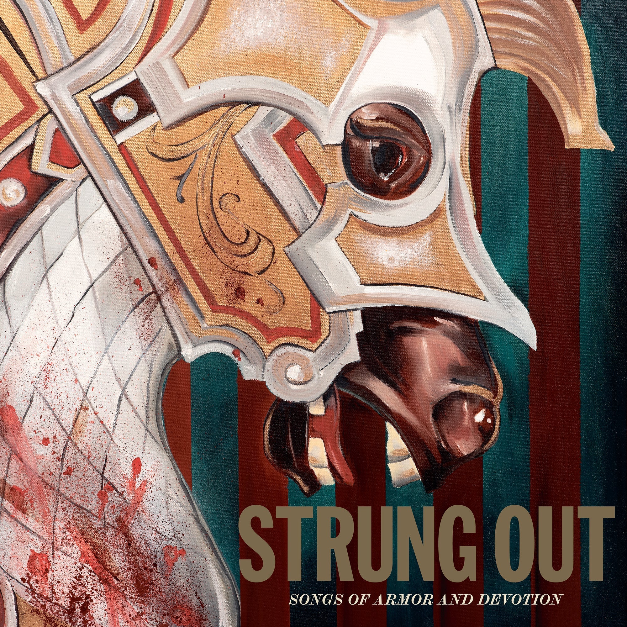 Close-up of a carousel horse in ornate armor with red splatters, set on a striped red and green backdrop. Strung Out: Songs of Armor and Devotion—metal-infused punk rock—available as a Black Vinyl LP. Brand: Strung Out.