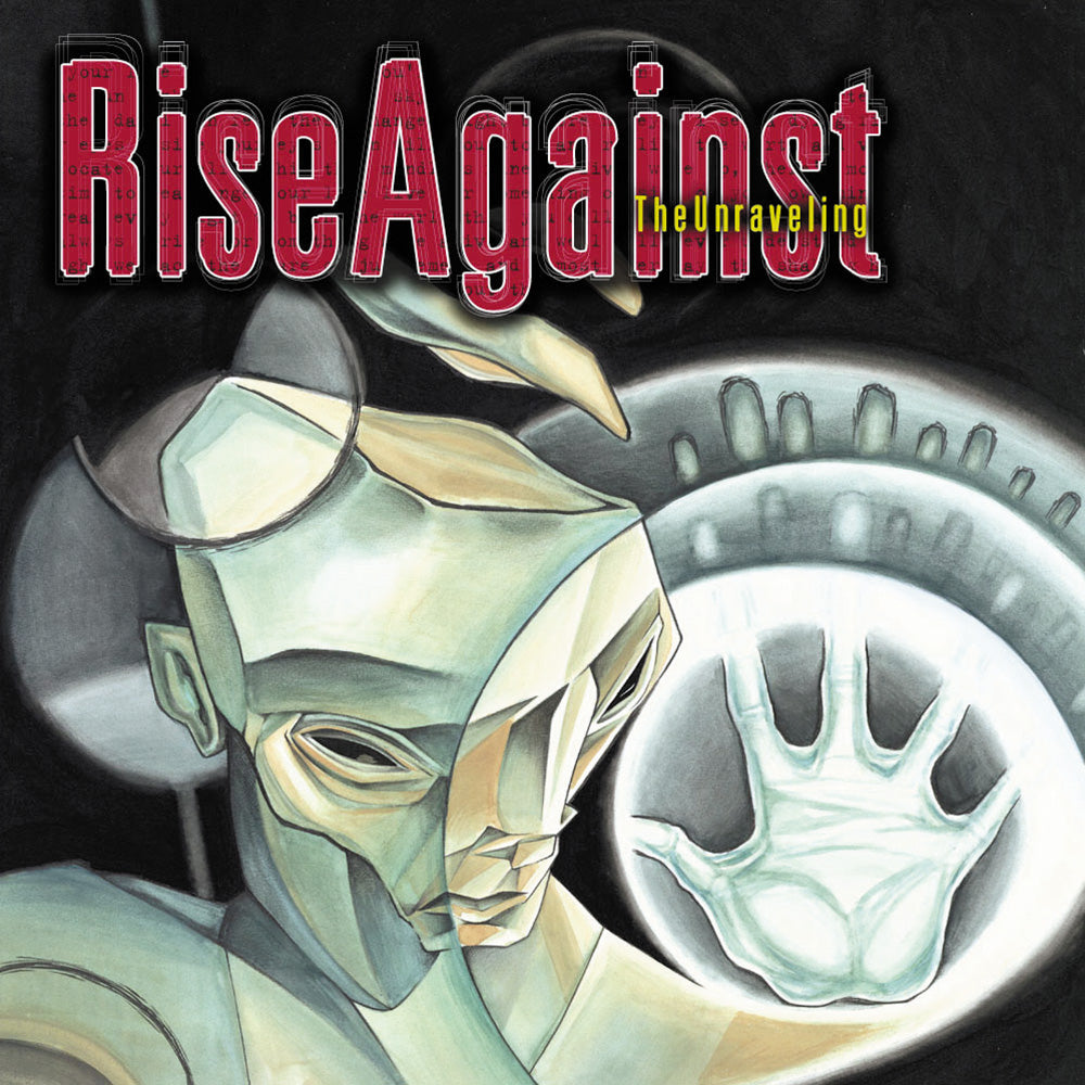 Abstract artwork of a robotic figure with an outstretched hand on a dark background. Rise Against The Unraveling is displayed in red and yellow at the top of this remixed and remastered black vinyl LP from Rise Against.