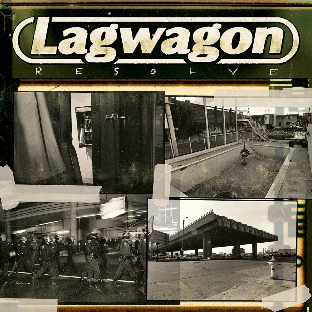 Album cover for Lagwagon’s punk rock album Resolve on Black Vinyl LP features four sepia-toned images—a door, empty pool, riot police, and overpass—with the band name and album title at the top.