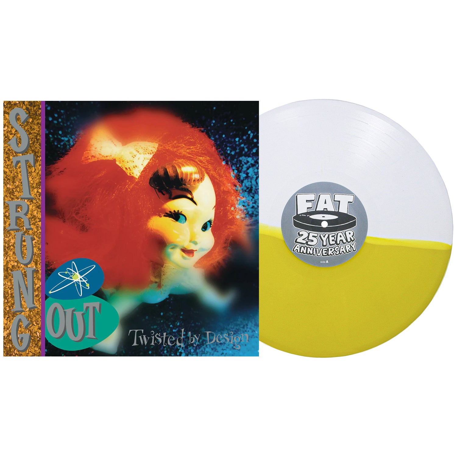 The album cover for Twisted by Design by Strung Out showcases a doll’s face with red hair, accompanied by a black vinyl and a white-and-yellow FAT 25 YEAR ANNIVERSARY record.