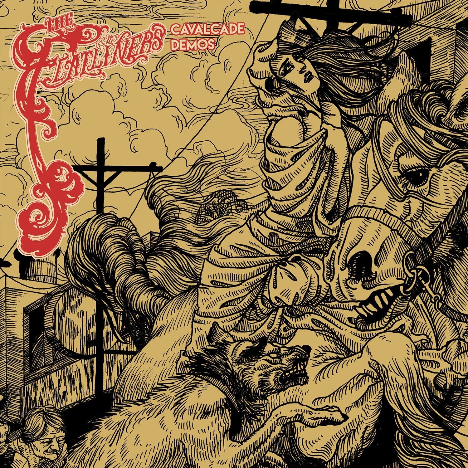 Intricate, vintage-style illustration of a woman on a rearing horse, hair flowing as a snarling wolf attacks; city backdrop. Text reads The Flatliners Cavalcade Demos—featuring the Bleed demo on classic black 7 vinyl.