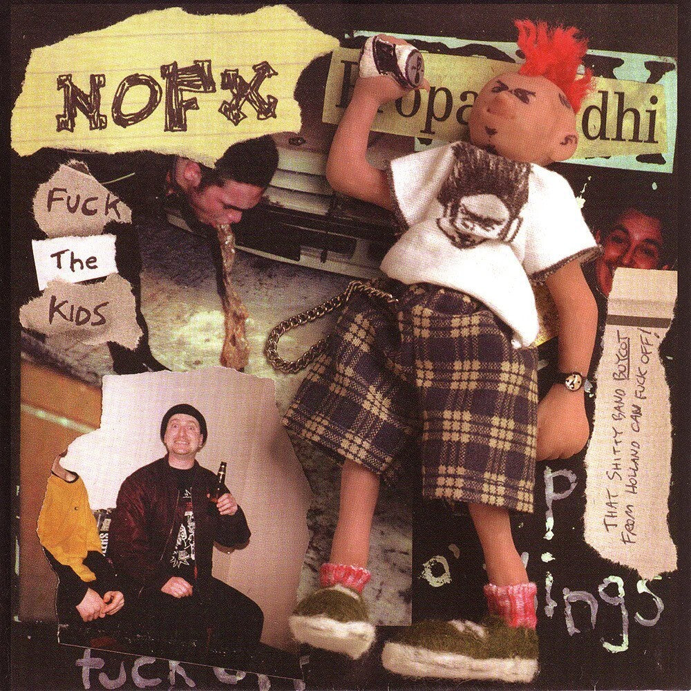 A NOFX punk-style doll with a red mohawk and chain stands amid cut-out photos of people drinking beer, vomit, and graffiti phrases like “Fuck the Kids,” all set against a gritty collage that channels classic Black Vinyl punk vibes.