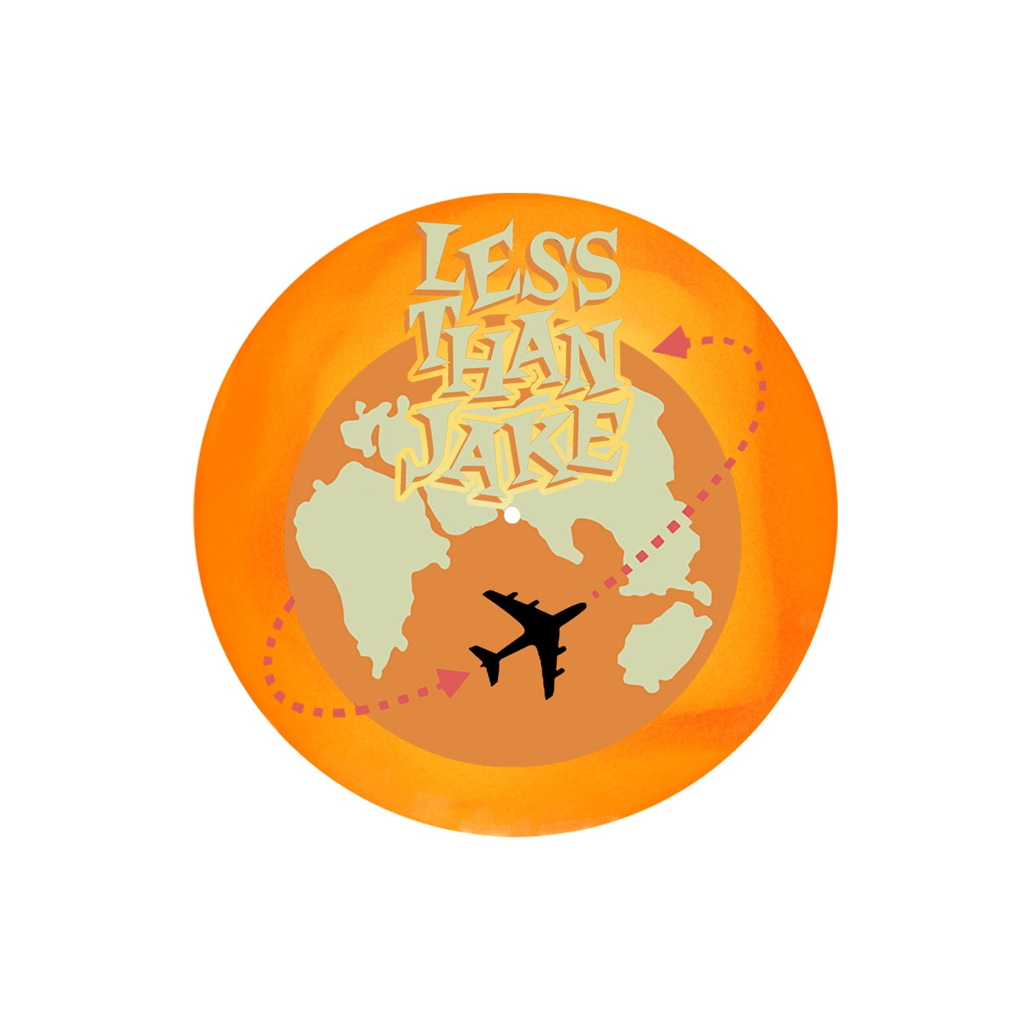 An orange globe with continents, a black airplane silhouette, and “Less Than Jake” in bold yellow—ideal for the brand’s limited edition vinyl or 2XLP cover.