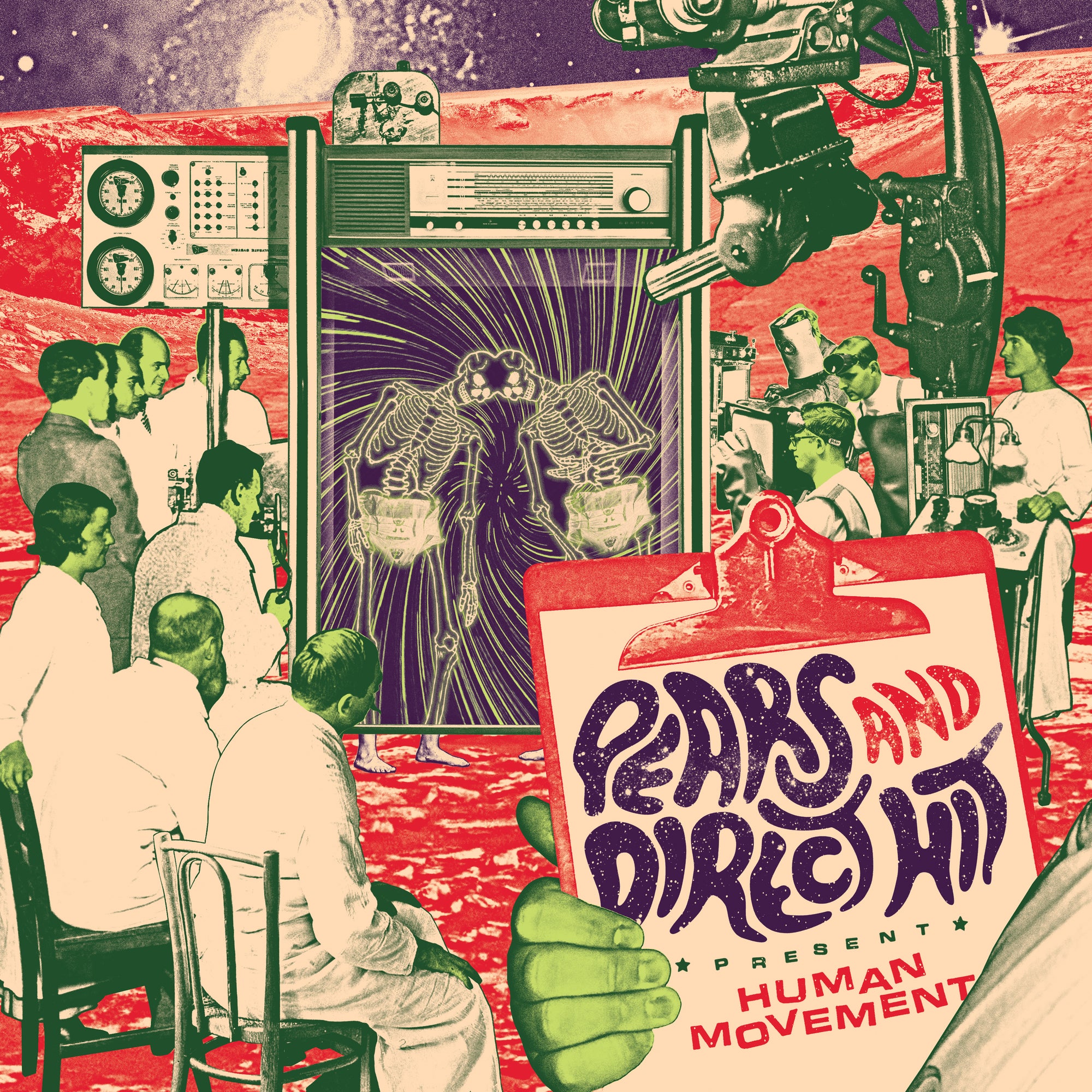 A surreal, retro-futuristic scene of scientists on a red planet watch a screen of glowing skeletons. A hand holds a clipboard with Pears and DIRECT HIT’s Human Movement album title in psychedelic lettering.