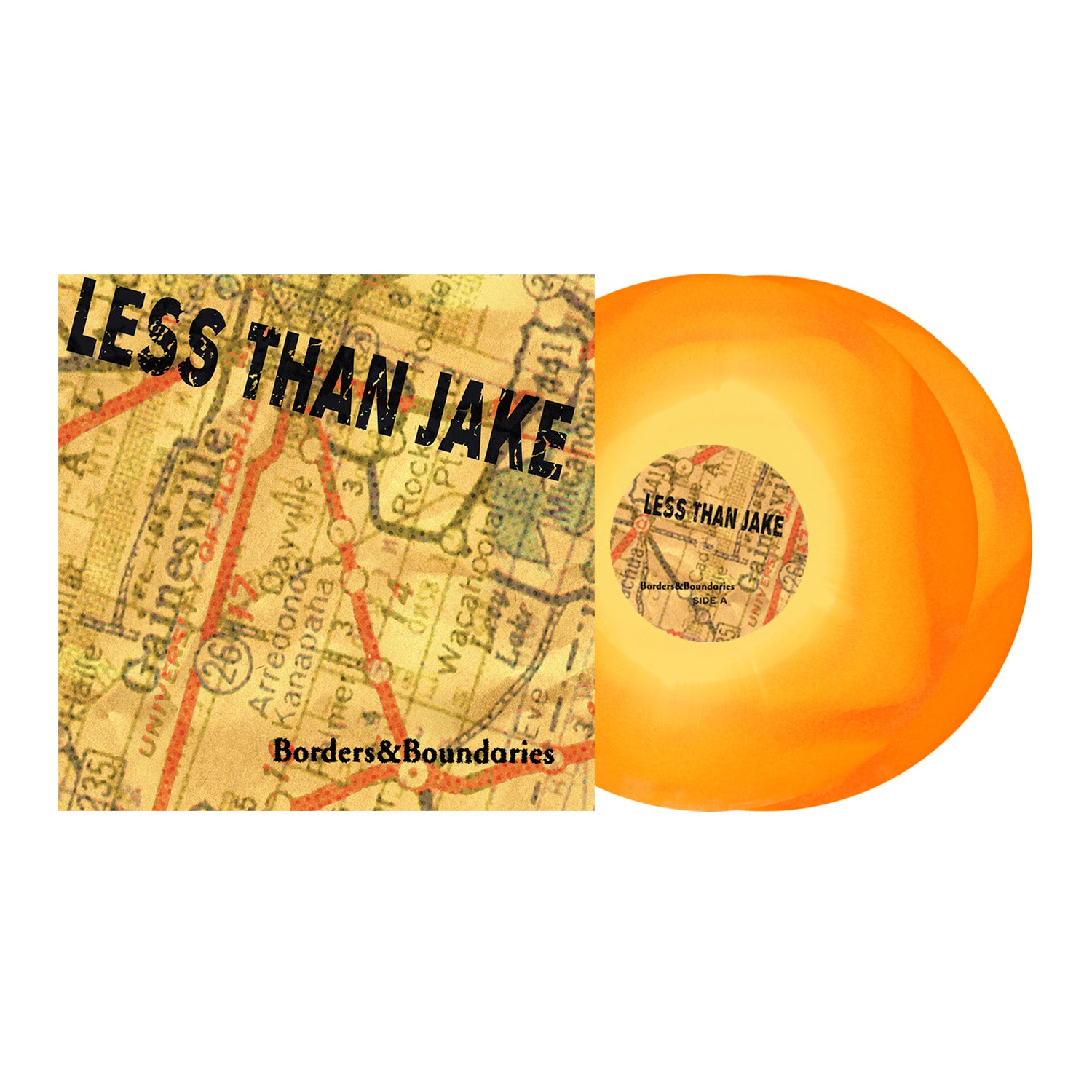 The image displays Less Than Jake’s Borders & Boundaries album, featuring a map-themed cover and an orange limited edition vinyl. The album title and brand name appear in bold black text.