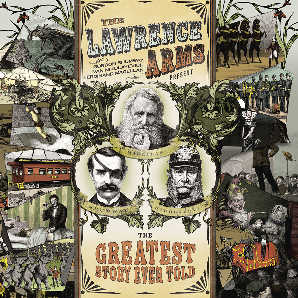 Vintage-style illustrated album cover for The Greatest Story Ever Told by The Lawrence Arms, with portraits of three men and historical scenes in sepia, green, and yellow—ideal for Black Vinyl LP collectors.