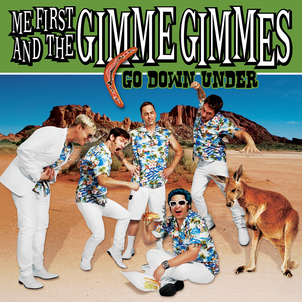 Five men in matching tropical shirts and white pants pose energetically in a desert with red rocks and a kangaroo, promoting their new punk cover album from Me First And The Gimme Gimmes.