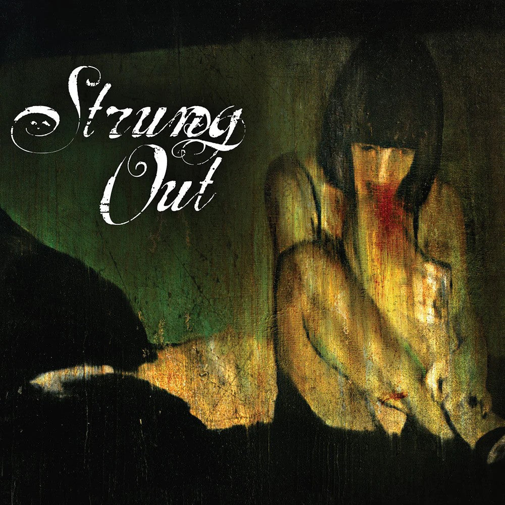 A moody artwork shows a dark-haired person sitting, gazing down with arms on knees. Strung Out is in white cursive at the top left. The shadowy background evokes the feel of a classic Black Vinyl LP, reflecting Strung Outs distinct style.