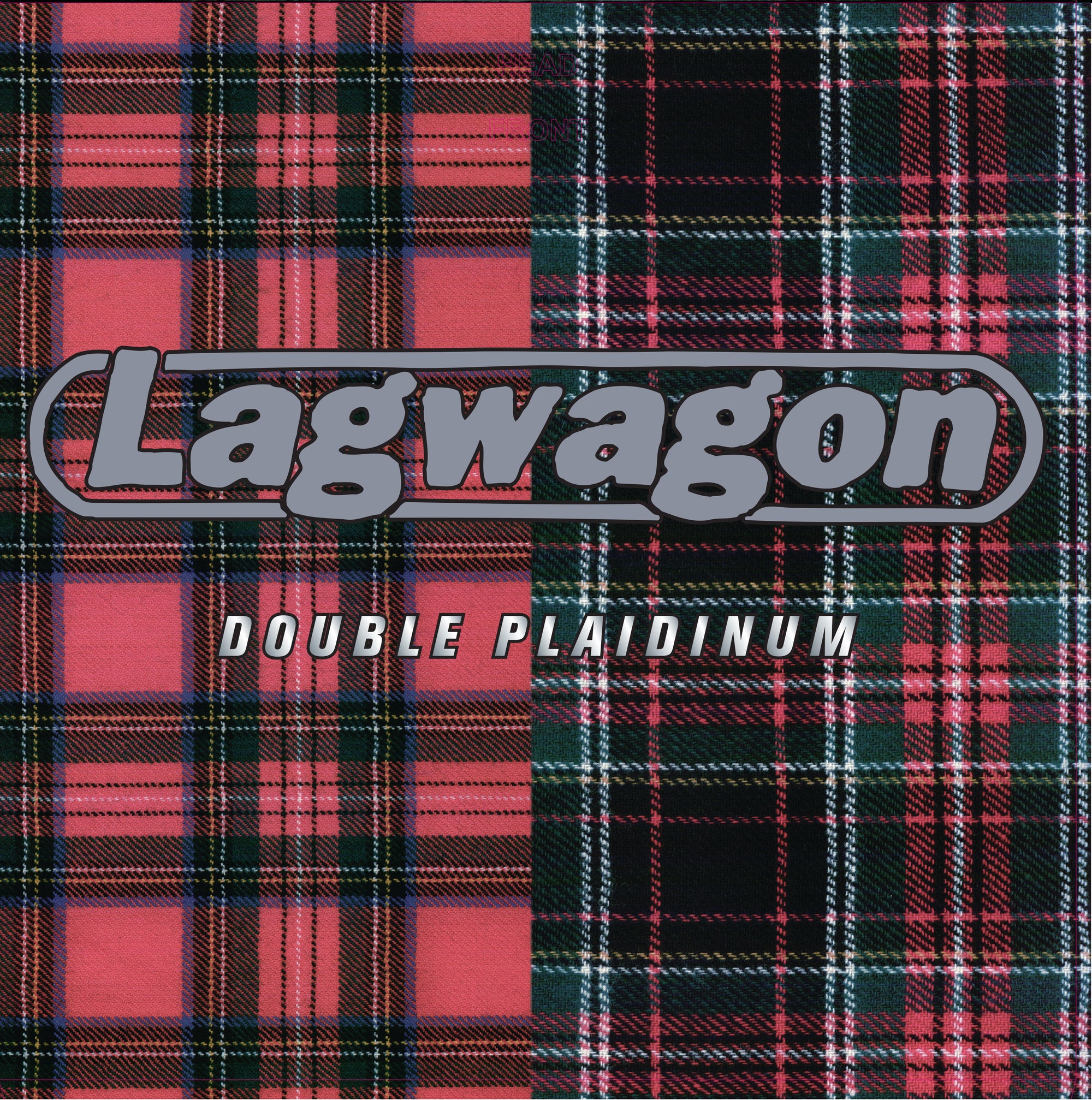 Lagwagon’s Double Plaidinum album cover has a split red and black plaid design with “Lagwagon” in bold grey above “Double Plaidinum” in white. Available as a Colored Vinyl LP from Lagwagon.