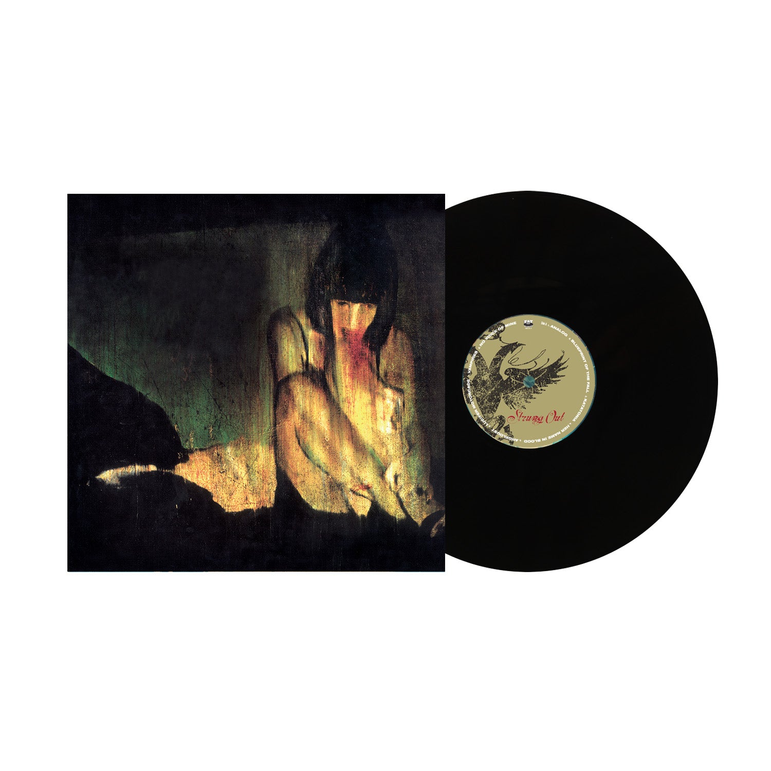 A Strung Out vinyl, partially out of its cover with dark, moody art of a shadowed figure. The Exile In Oblivion 20th Anniversary Edition label shows an intricate bird design highlighted with red text.