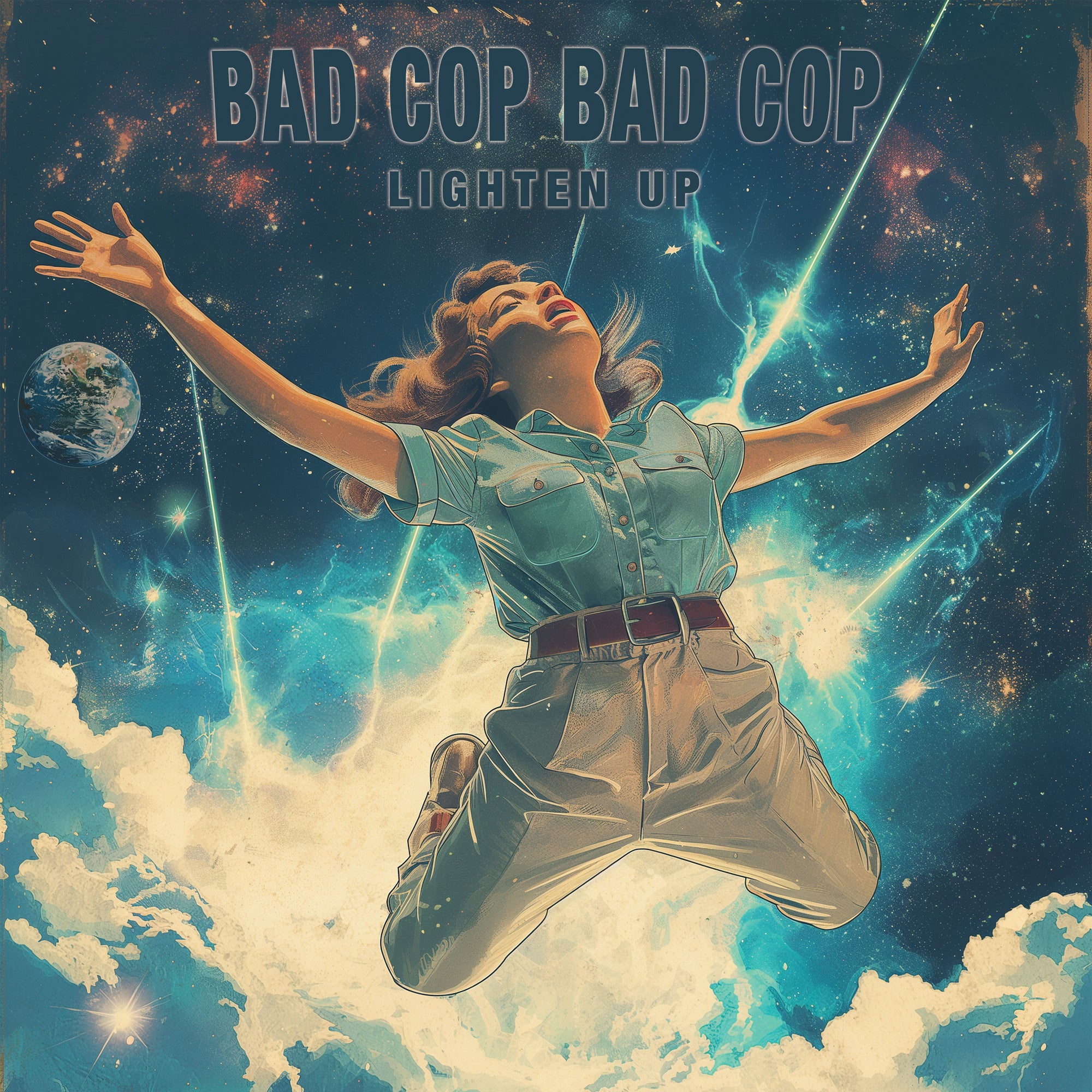 A woman in a police-style uniform floats among stars and clouds in space, arms outstretched. Earth is in the background. Above her, the text “BAD COP BAD COP LIGHTEN UP” references Bad Cop Bad Cop’s album Lighten Up.