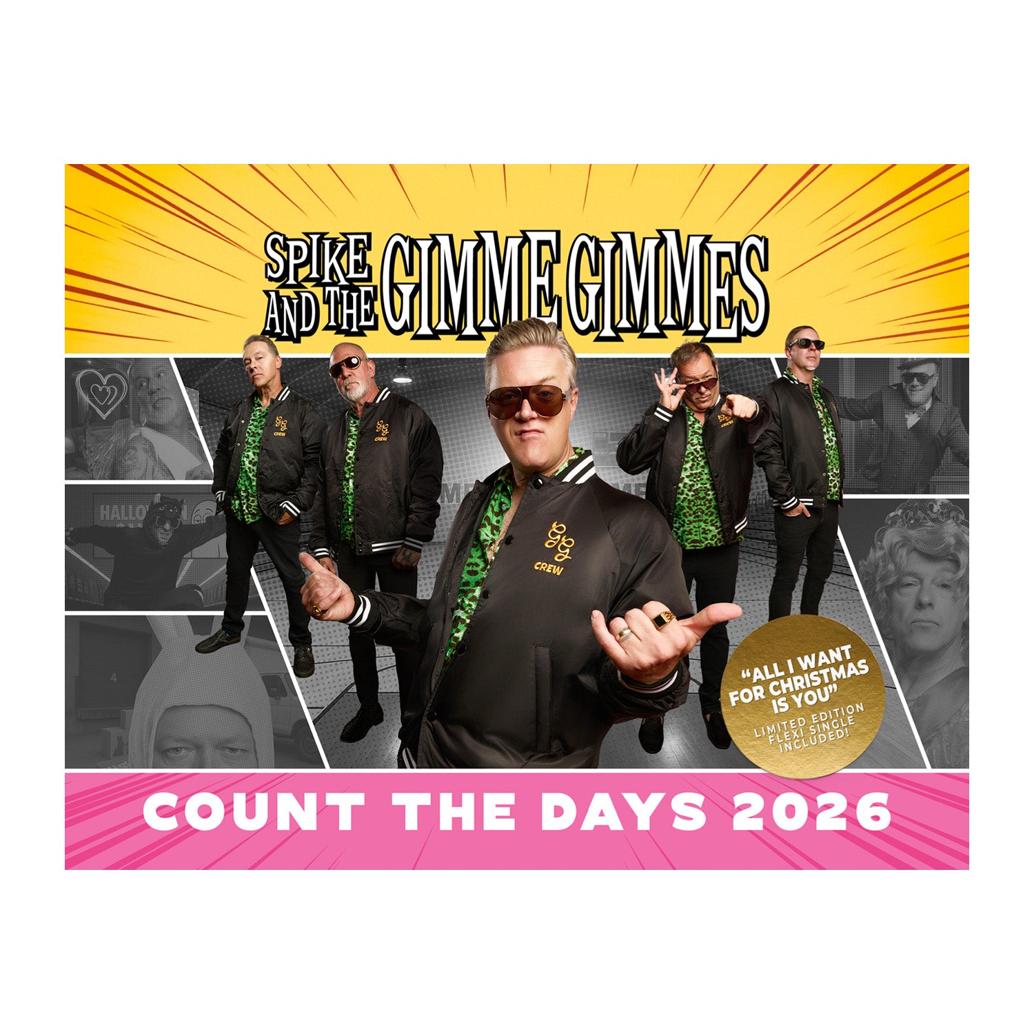 A promo poster for Spike and The Gimme Gimmes shows four men in black jackets and sunglasses. A pink banner reads "Count the Days 2026," teasing a Flexi release of "All I Want For Christmas Is You.