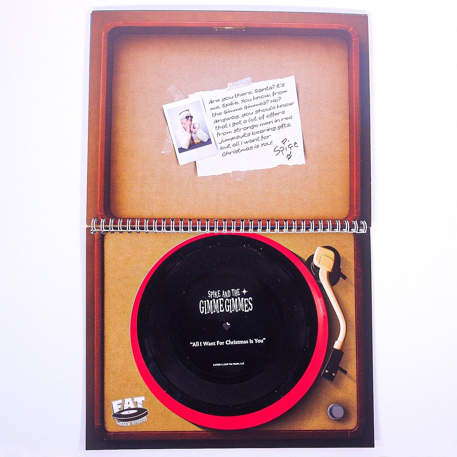 Record player model in a wooden box with a small record and card inside