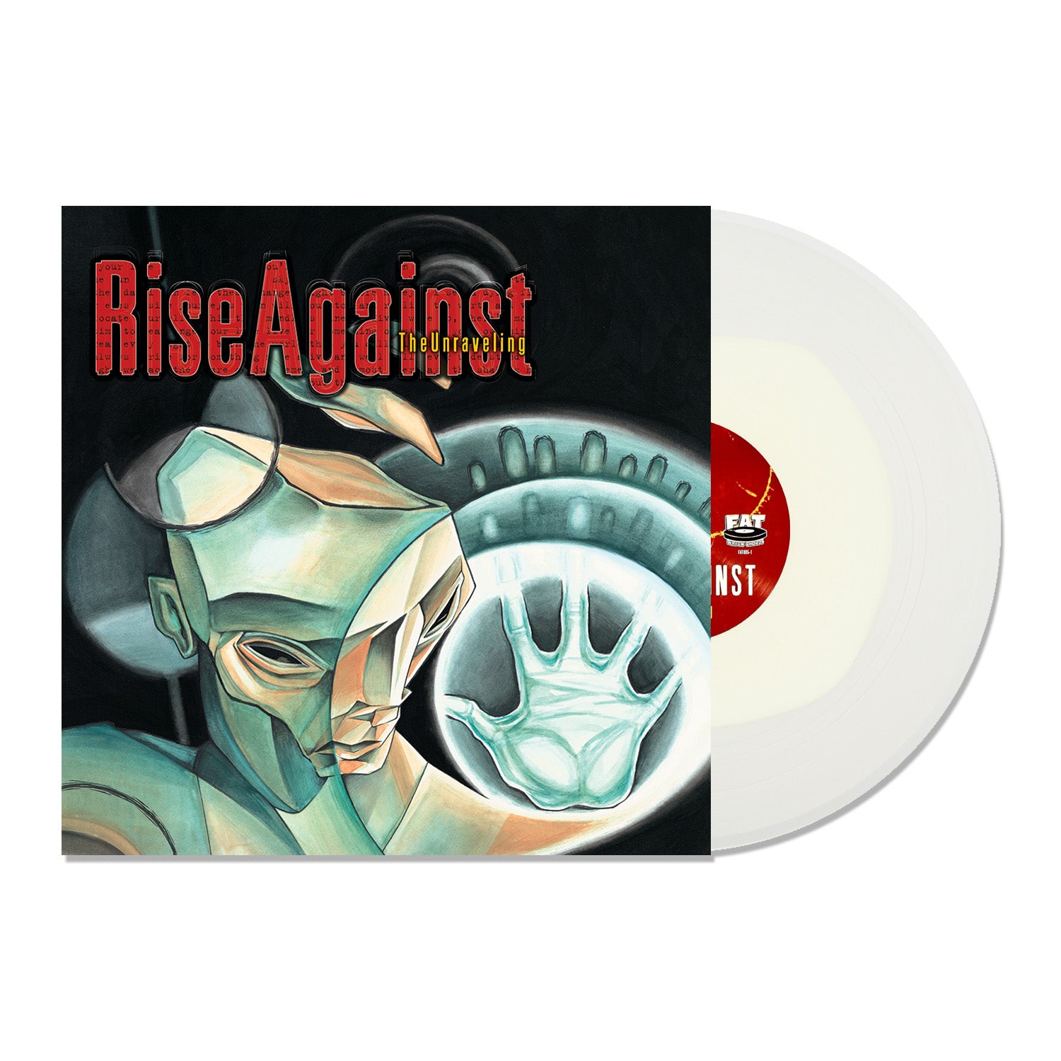 The image shows a limited edition White Inside Clear Vinyl LP by Rise Against, partially in its sleeve. The sleeve displays futuristic robotic artwork with turquoise tones and "Rise Against The Unraveling" in red text.